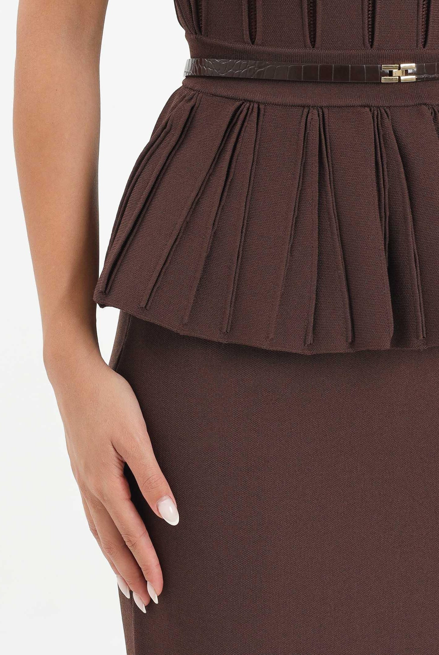 ELISABETTA FRANCHI Abito lungo marrone da donna in maglia con baschina AM69S56E2 EA3 ELISABETTA FRANCHI