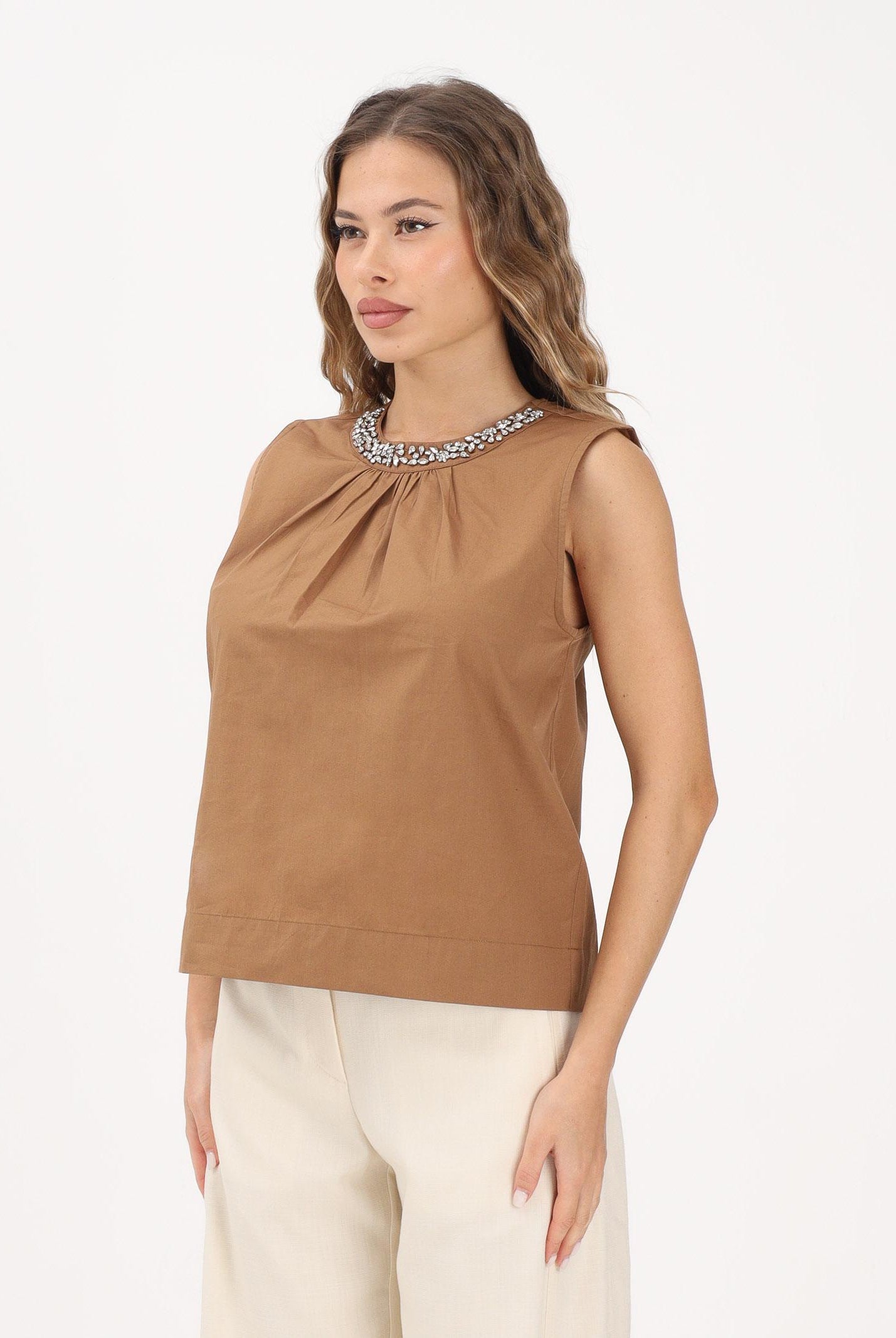 ONLY Top cammello da donna con dettaglio gioiello sullo scollo 15371623 TOCO ONLY