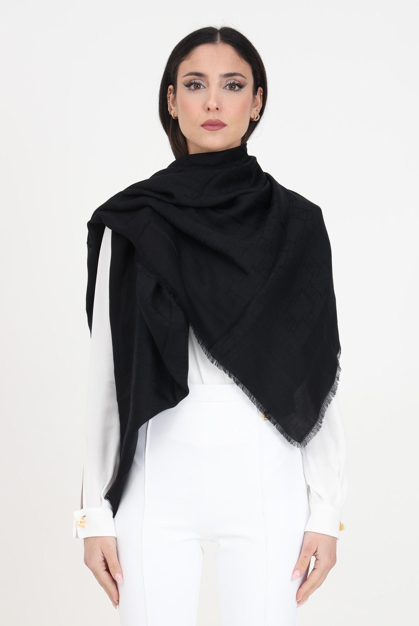 ELISABETTA FRANCHI Pashmina nera da donna con un elegante motivo jacquard del logo SC03F41E2 110 ELISABETTA FRANCHI
