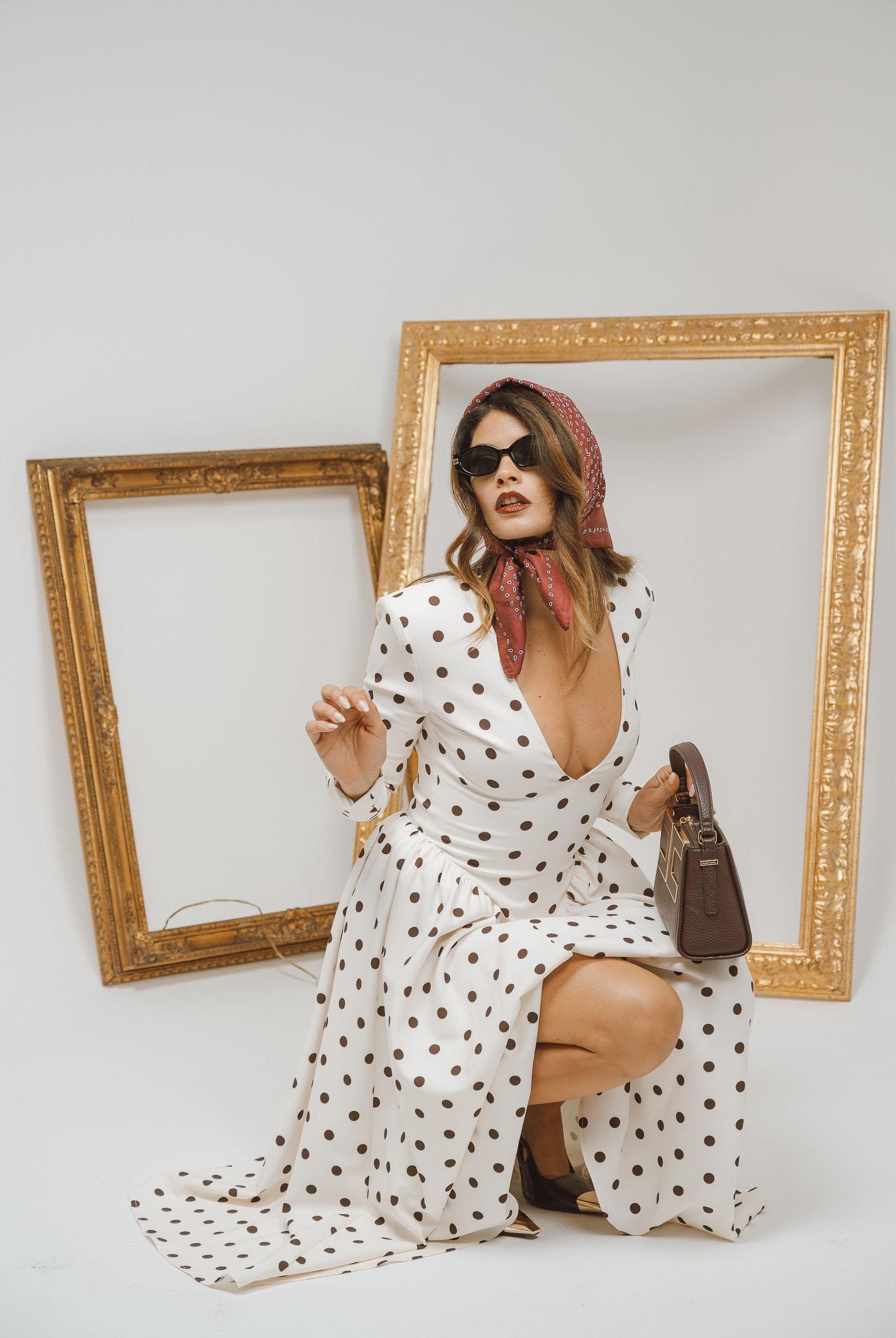 SANTAS Abito midi DOUCEUR avorio da donna con pois marroni PV2603 POMA SANTAS