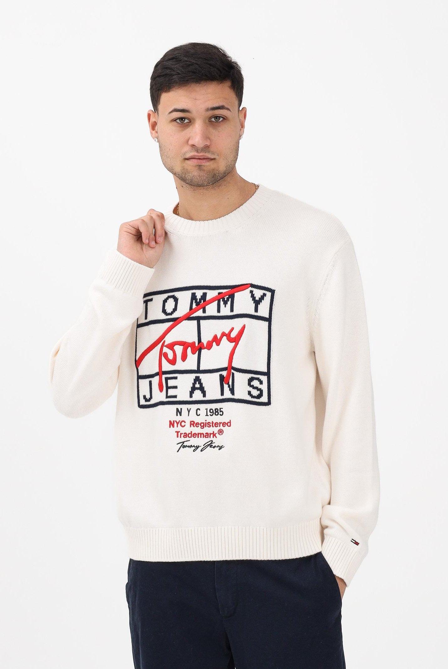 TOMMY JEANS Maglioncino girocollo panna da uomo con logo DM0DM22401 YBH TOMMY JEANS