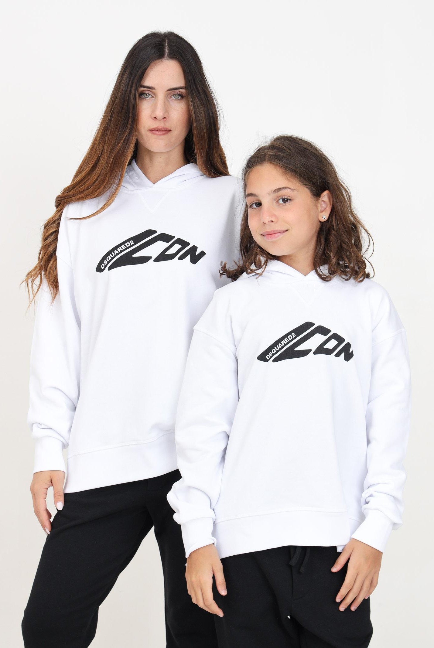 Felpa con cappuccio bianca per donna e bambina con stampa Icon DQ2664D003G DQ100 DSQUARED2