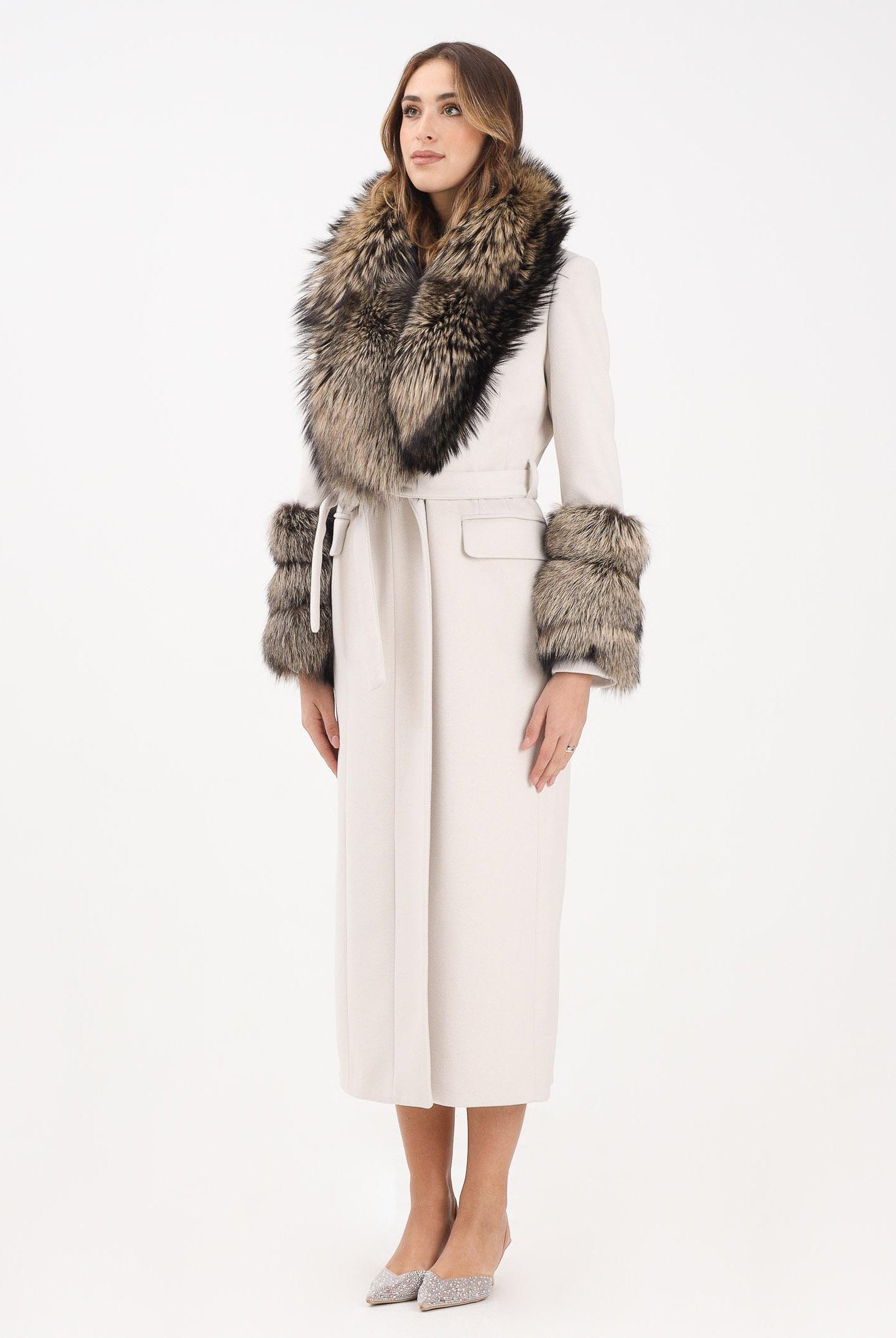 YES LONDON Cappotto gesso da donna con dettagli in vera pelliccia di volpe CD1229 GE YES LONDON