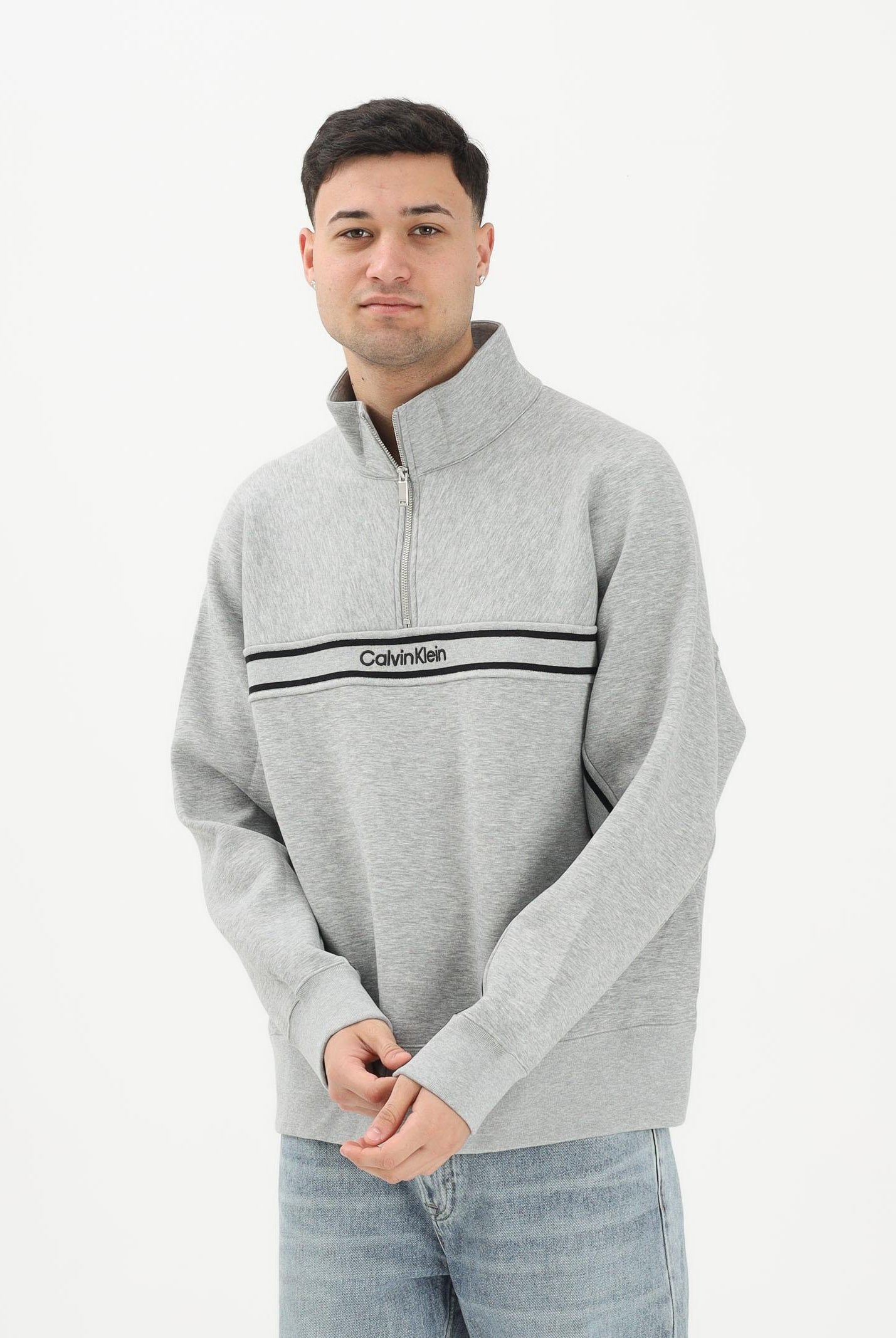 CALVIN KLEIN JEANS Felpa a mezza zip grigia da uomo con logo LV04RE221GP79 . CALVIN KLEIN JEANS