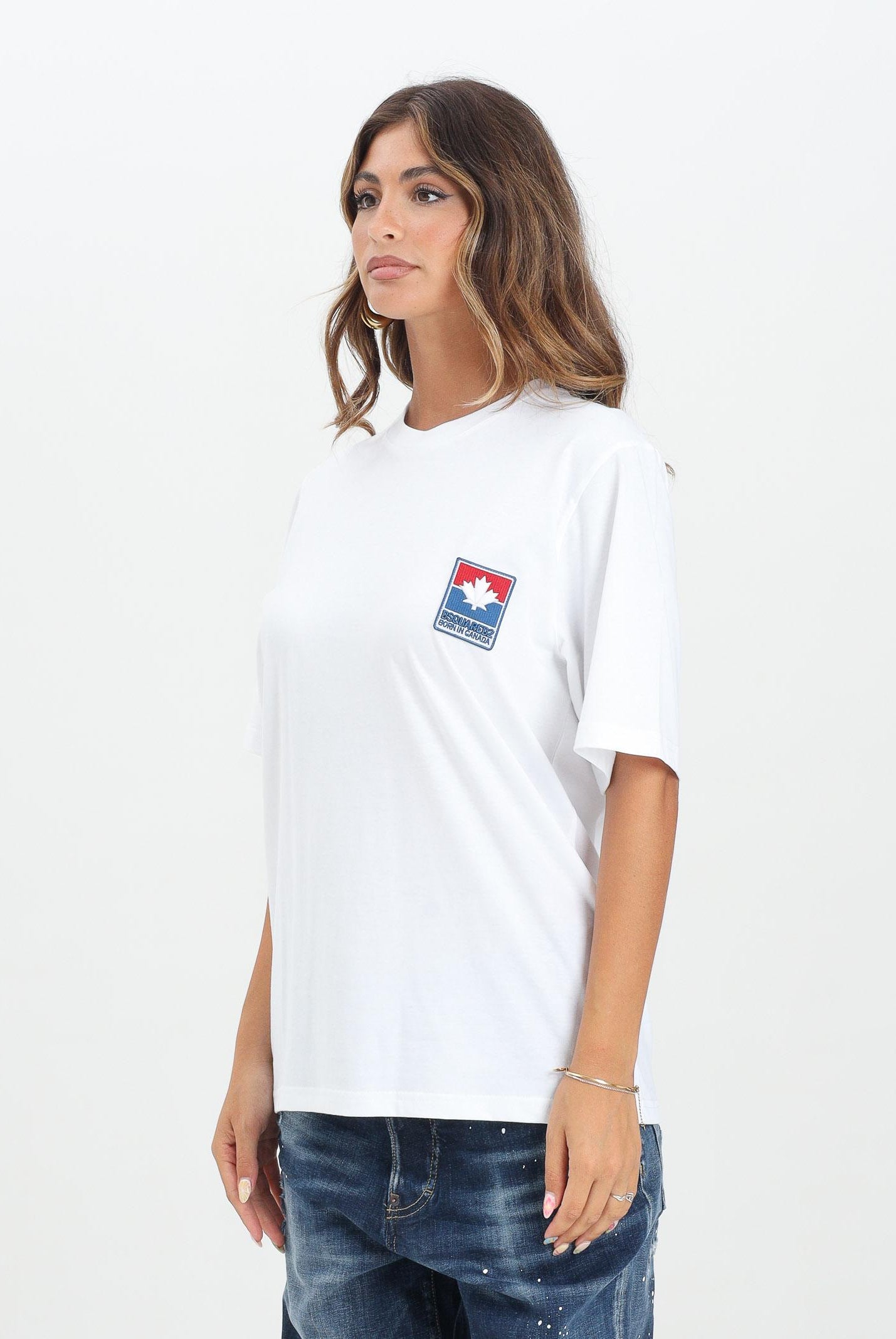 DSQUARED2 T-shirt a manica corta bianca per donna, ragazzi e bambini con logo patch DQ2992D0ACD DQ100 DSQUARED2
