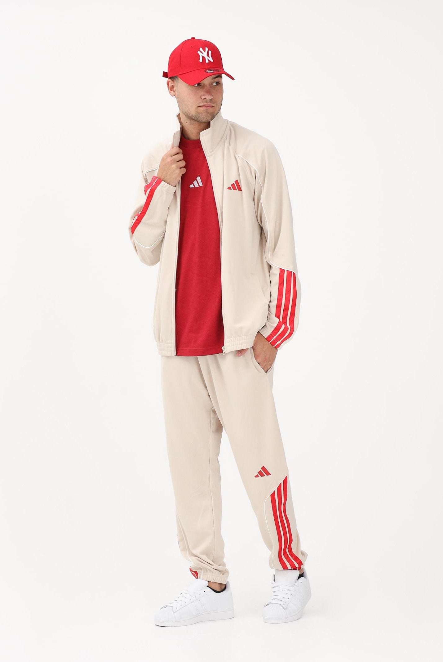 ADIDAS PERFORMANCE Tuta Stadium 3-Stripes beige e rossa da uomo KB6198 . ADIDAS PERFORMANCE