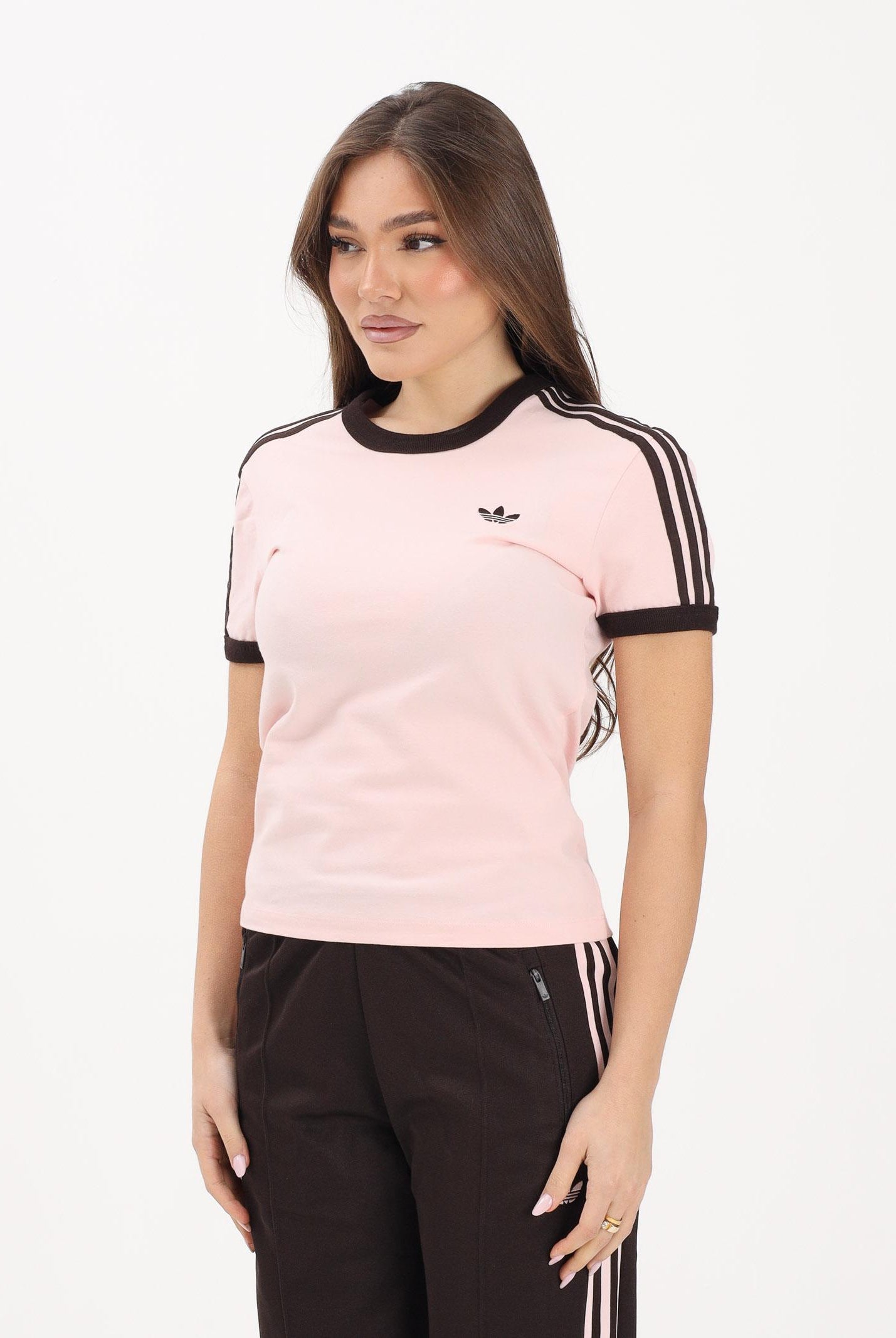 ADIDAS ORIGINALS T-shirt a manica corta 3 STRIPES SLIM rosa e marrone da donna KC9016 . ADIDAS ORIGINALS