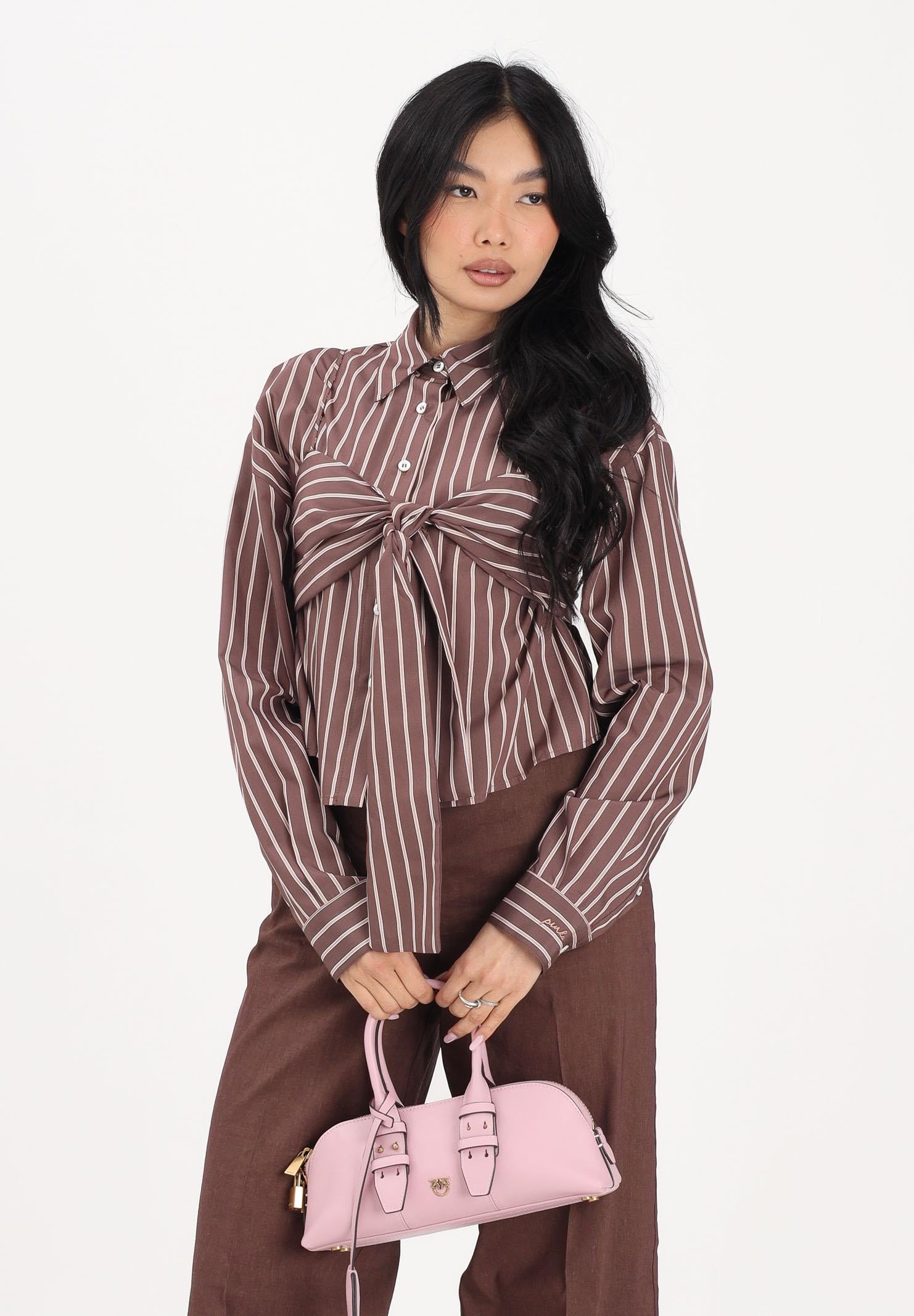 PINKO Camicia a manica lunga marrone da donna con motivo a righe 106672A33Q LN1 PINKO