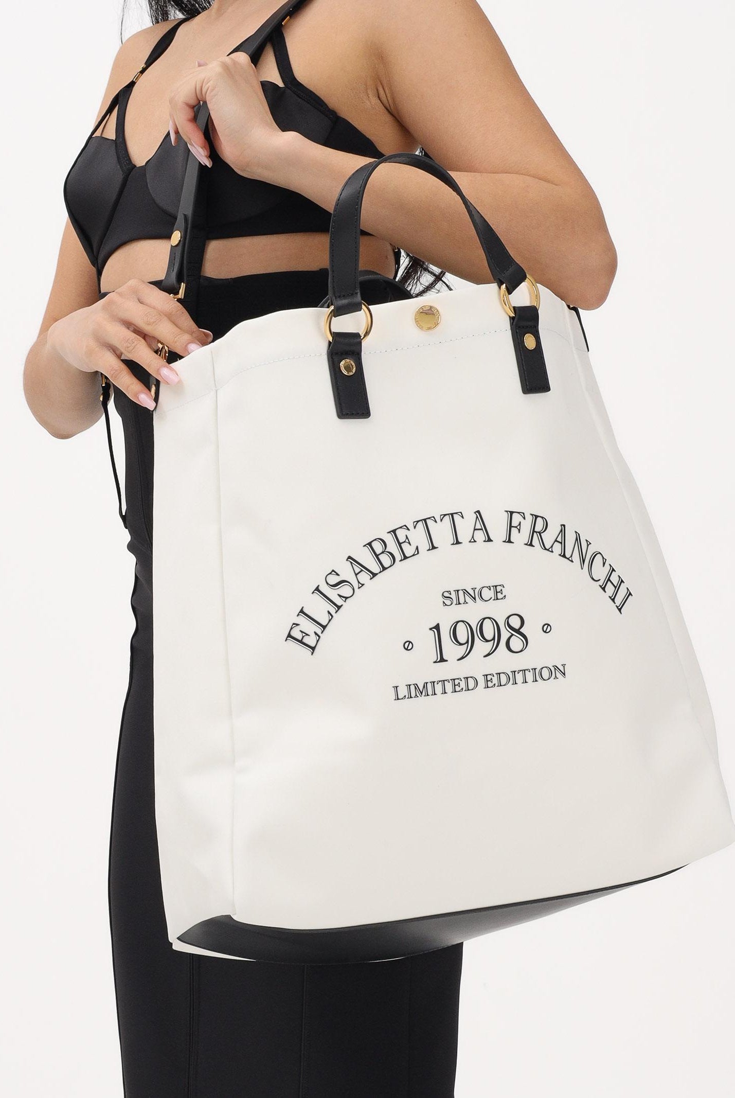 ELISABETTA FRANCHI Borsa mare avorio e nera da donna con logo BS14A62E2 309 ELISABETTA FRANCHI
