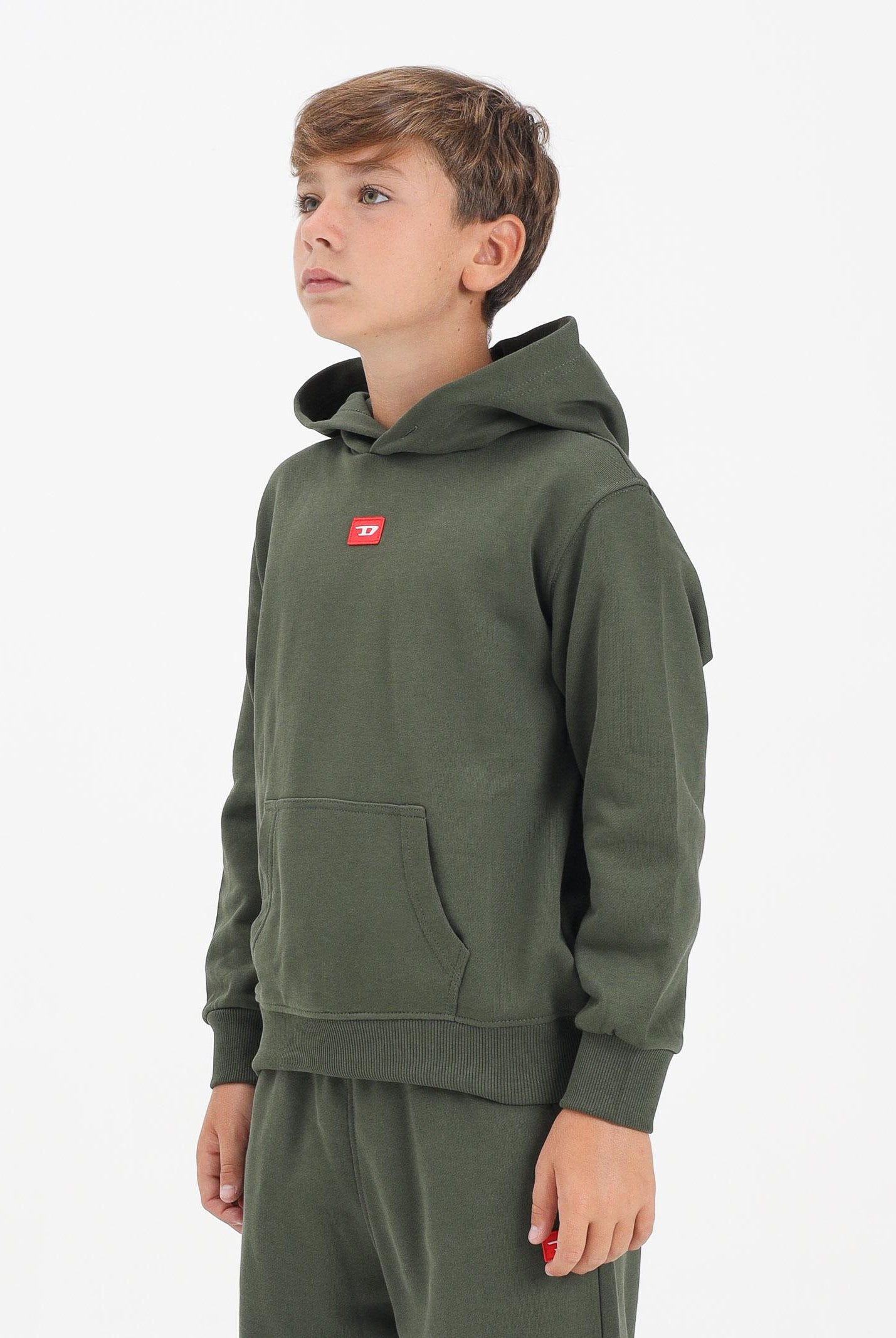 DIESEL Felpa con cappuccio verde militare per donna, ragazzi e bambini rifinita da patch D J025020GEAD K513 DIESEL