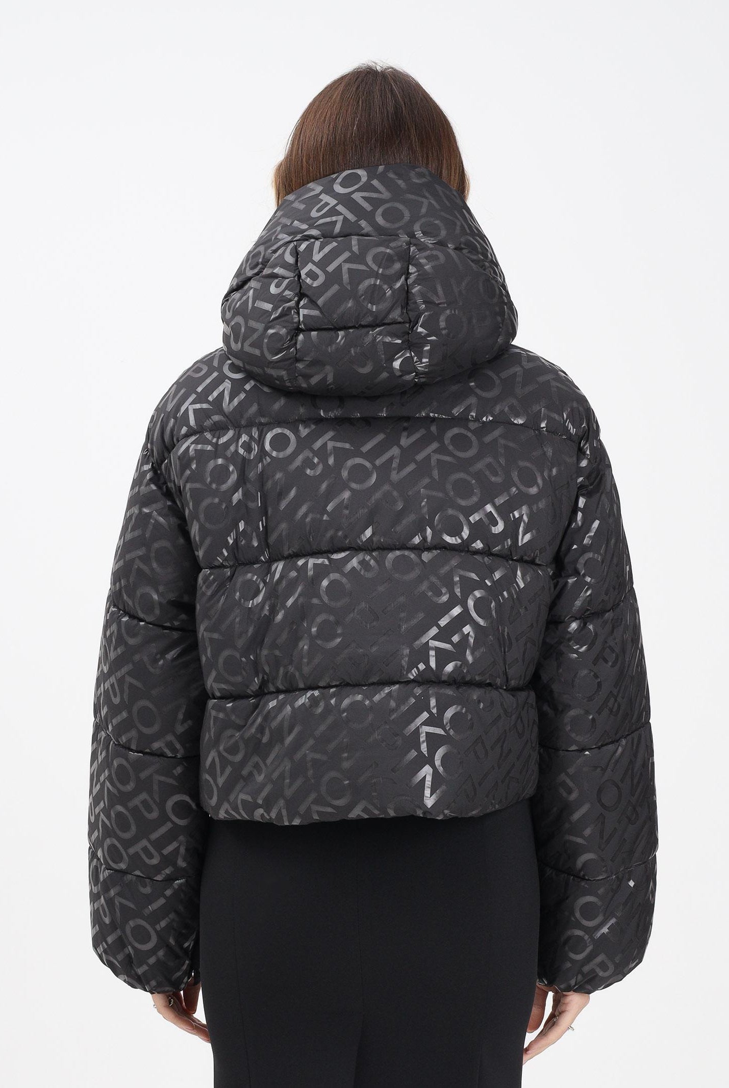 PINKO Piumino nero da donna con logo all-over 105438A2PY Z99 PINKO