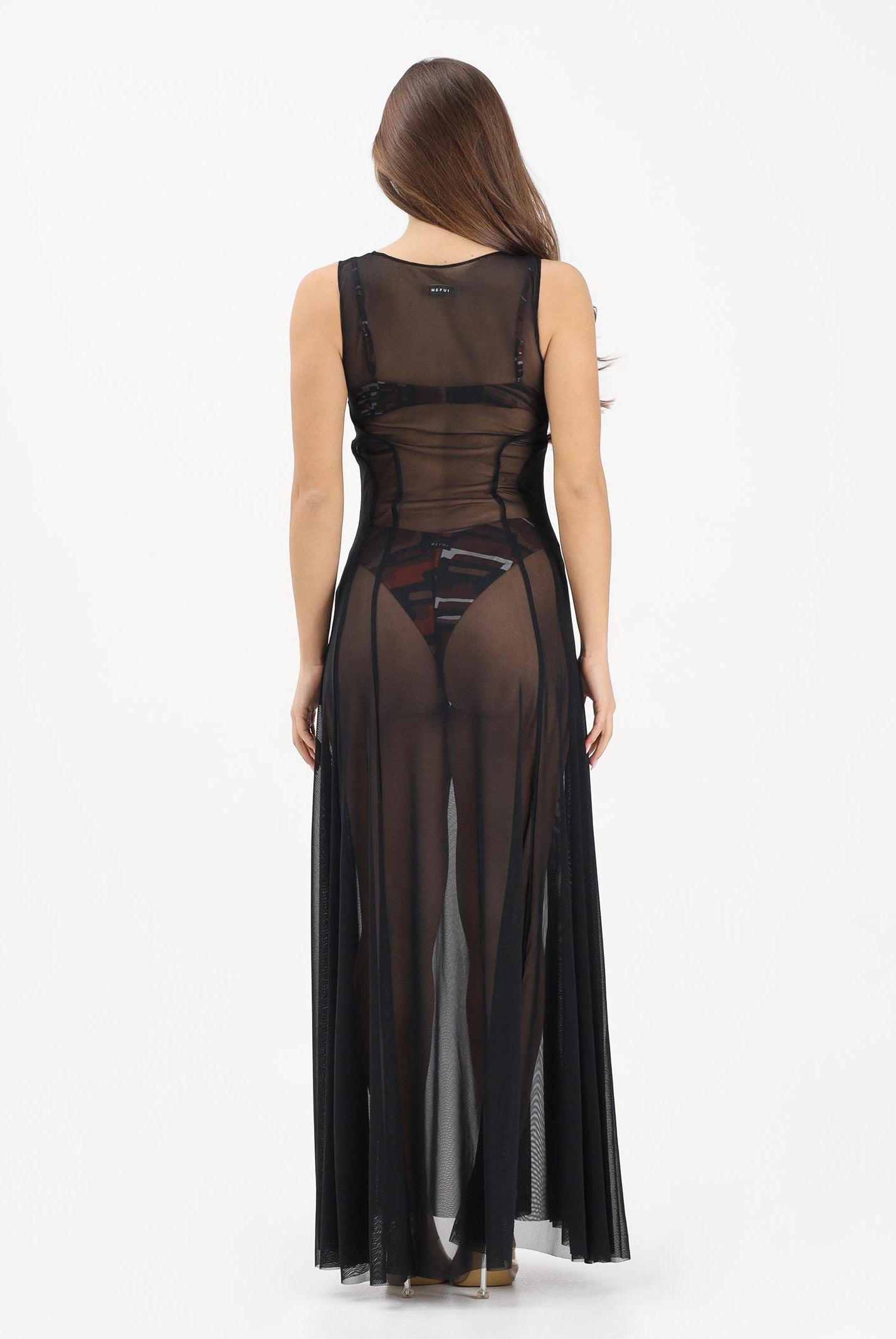 ME FUI Abito lungo nero da donna realizzato in tulle trasparente MF26-SW0720BK . ME FUI