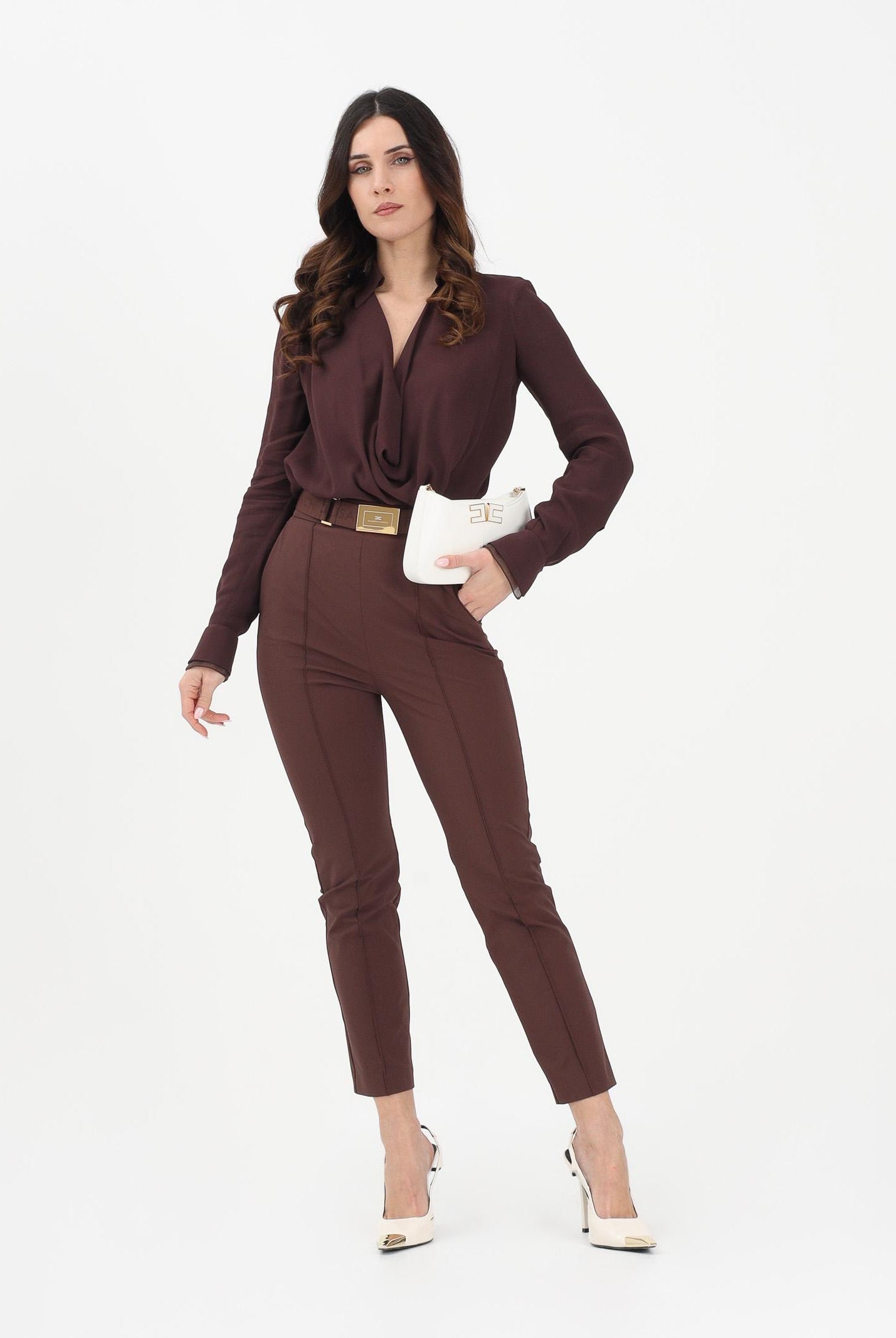 ELISABETTA FRANCHI Pantalone elegante marrone da donna con cintura PA13261E2 644 ELISABETTA FRANCHI