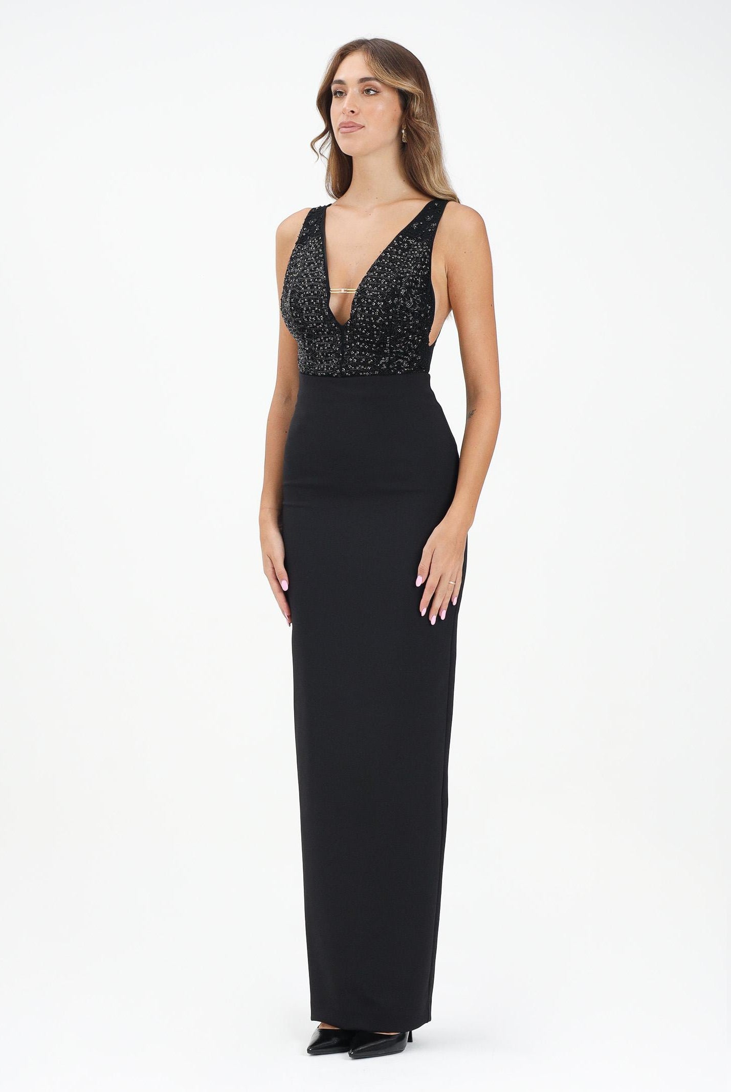 ELISABETTA FRANCHI Abito lungo nero da donna con corpetto ricamato di paillettes ABR2457E2 110 ELISABETTA FRANCHI