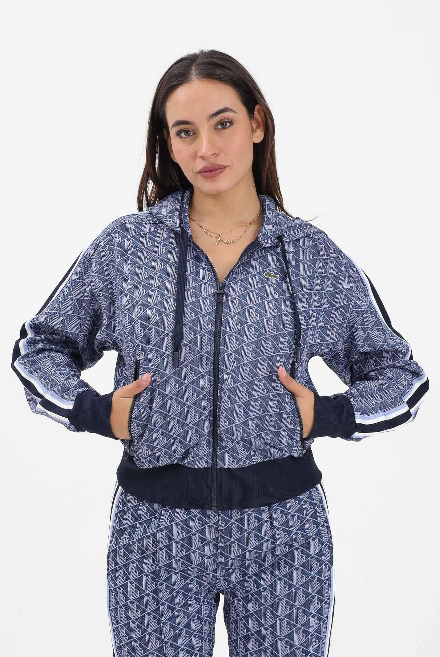 LACOSTE Felpa con zip blu da donna in jacquard con monogramma SF7606 AIT LACOSTE