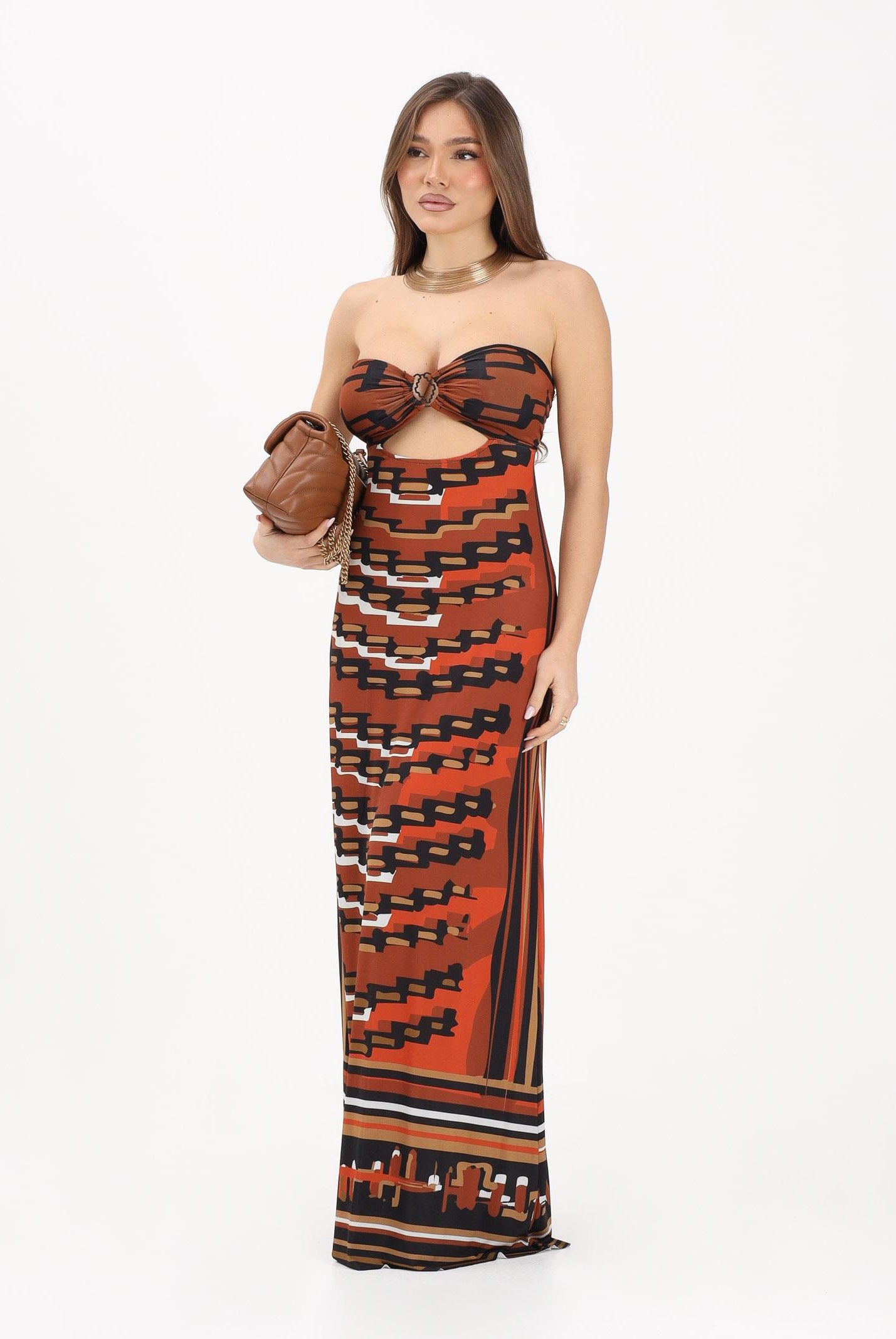 ME FUI Abito lungo mattone da donna caratterizzato da una stampa grafica MF26-SW0418X21 . ME FUI