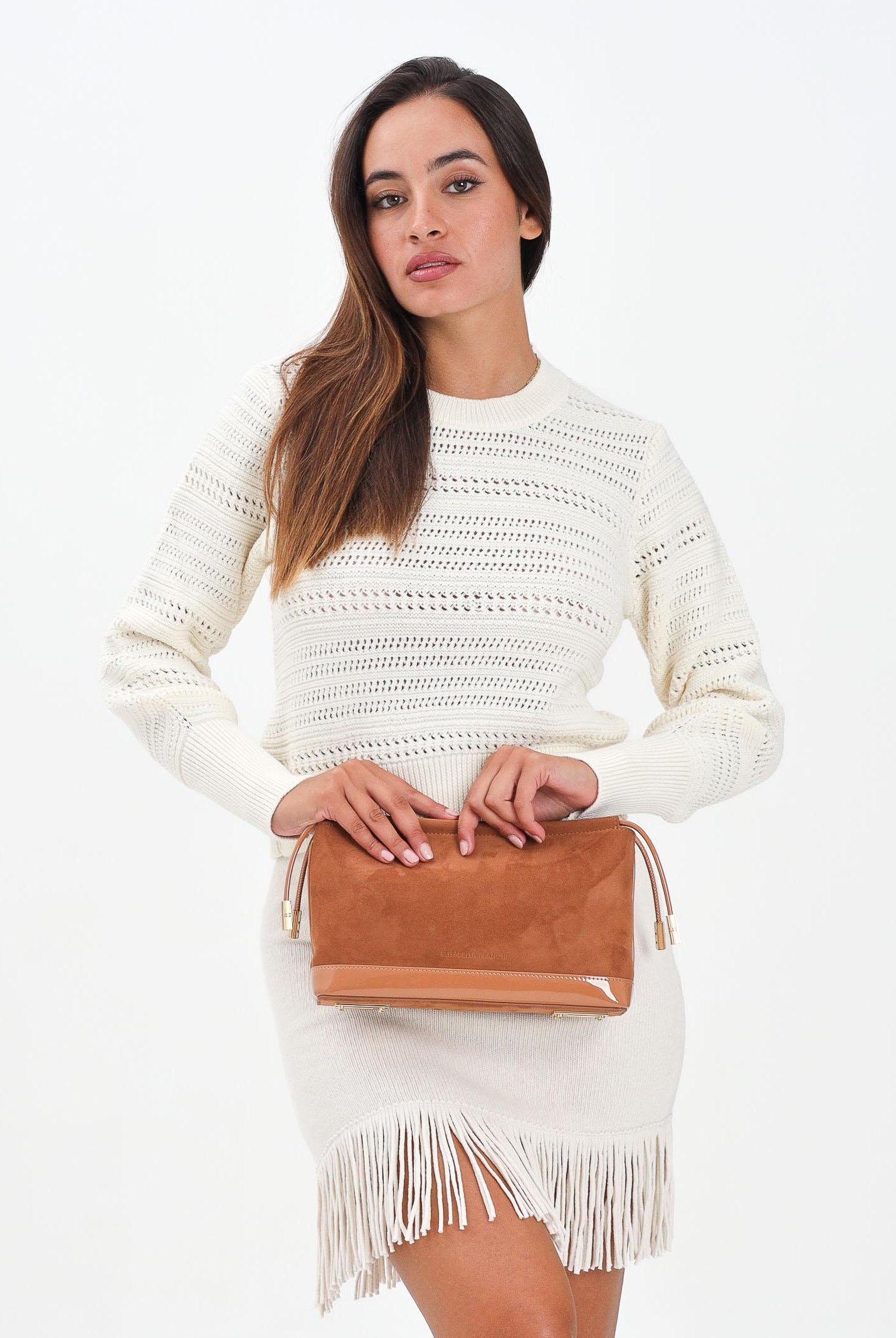 AKEP Maglia girocollo panna da donna con lavorazione a righe traforate MGKD11064 V3 AKEP