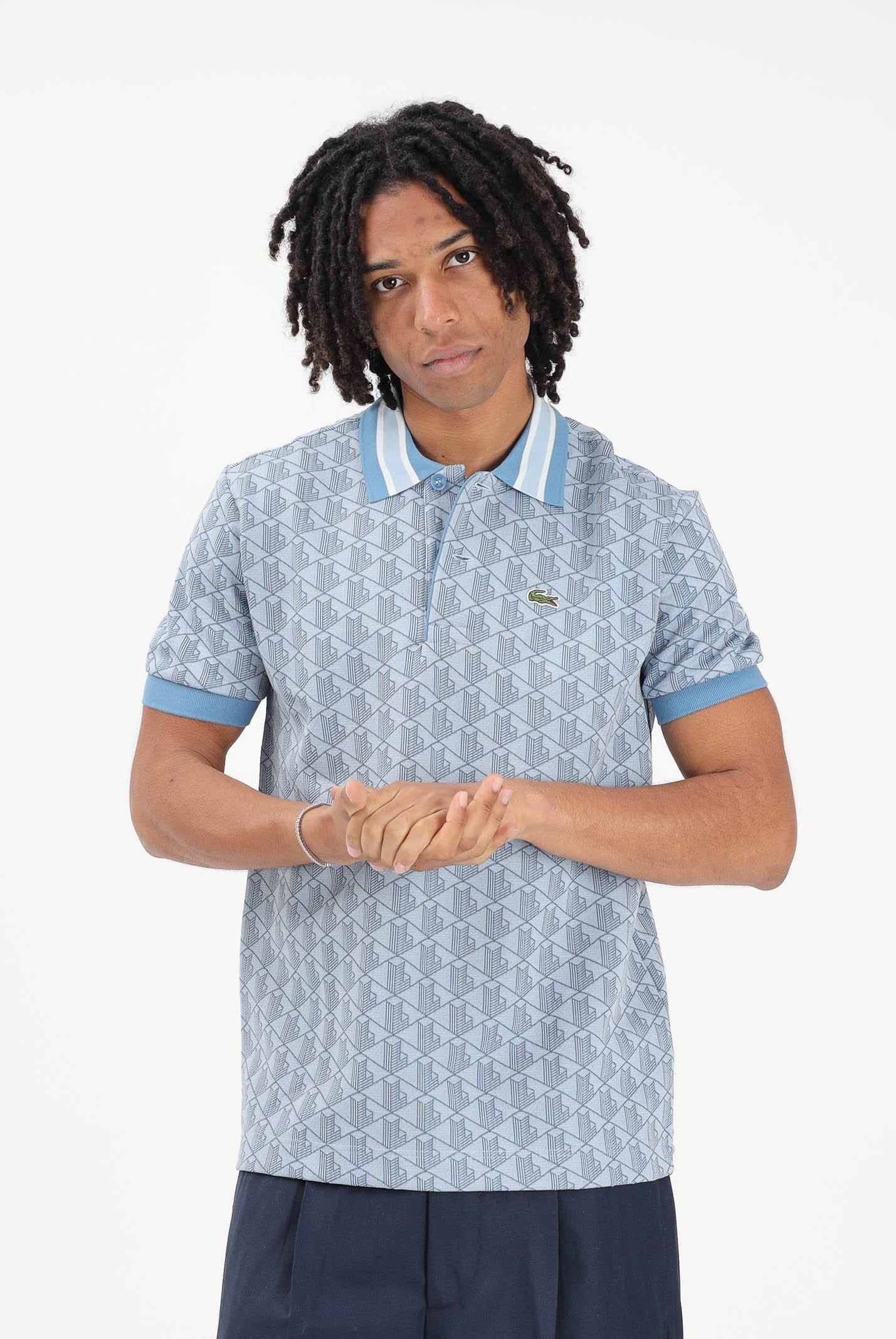 LACOSTE Polo a manica corta azzurra da uomo con motivo monogram DH1417 1QI LACOSTE
