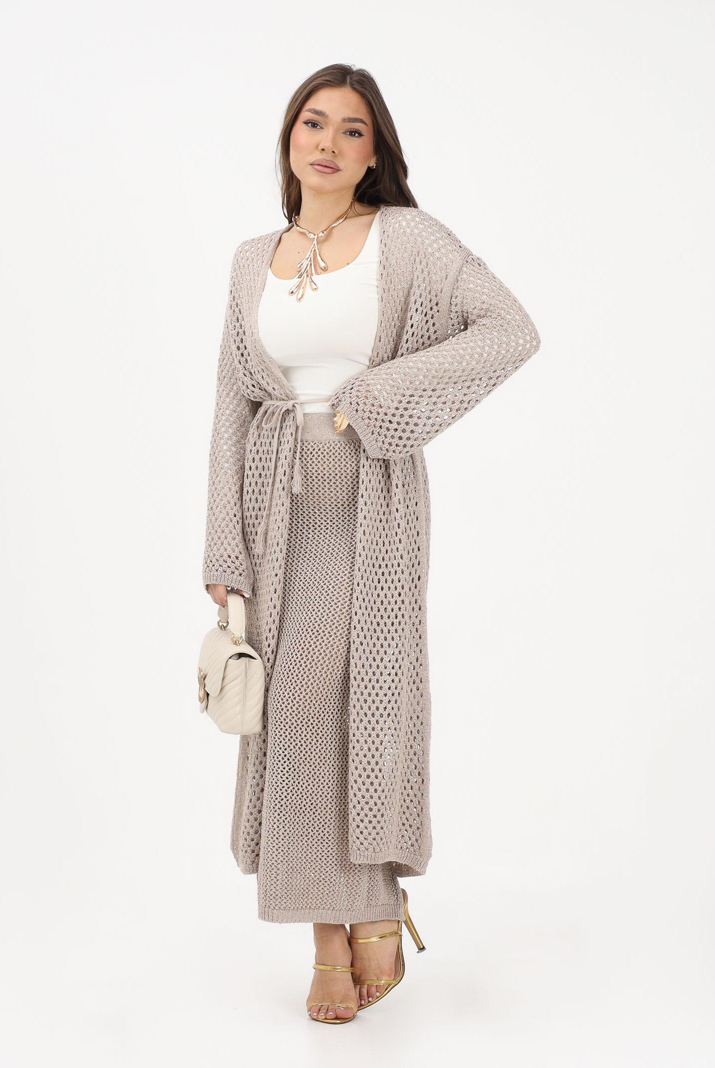 AKEP Cardigan lungo beige da donna in maglia traforata con cintura MGKD13036 V3 AKEP