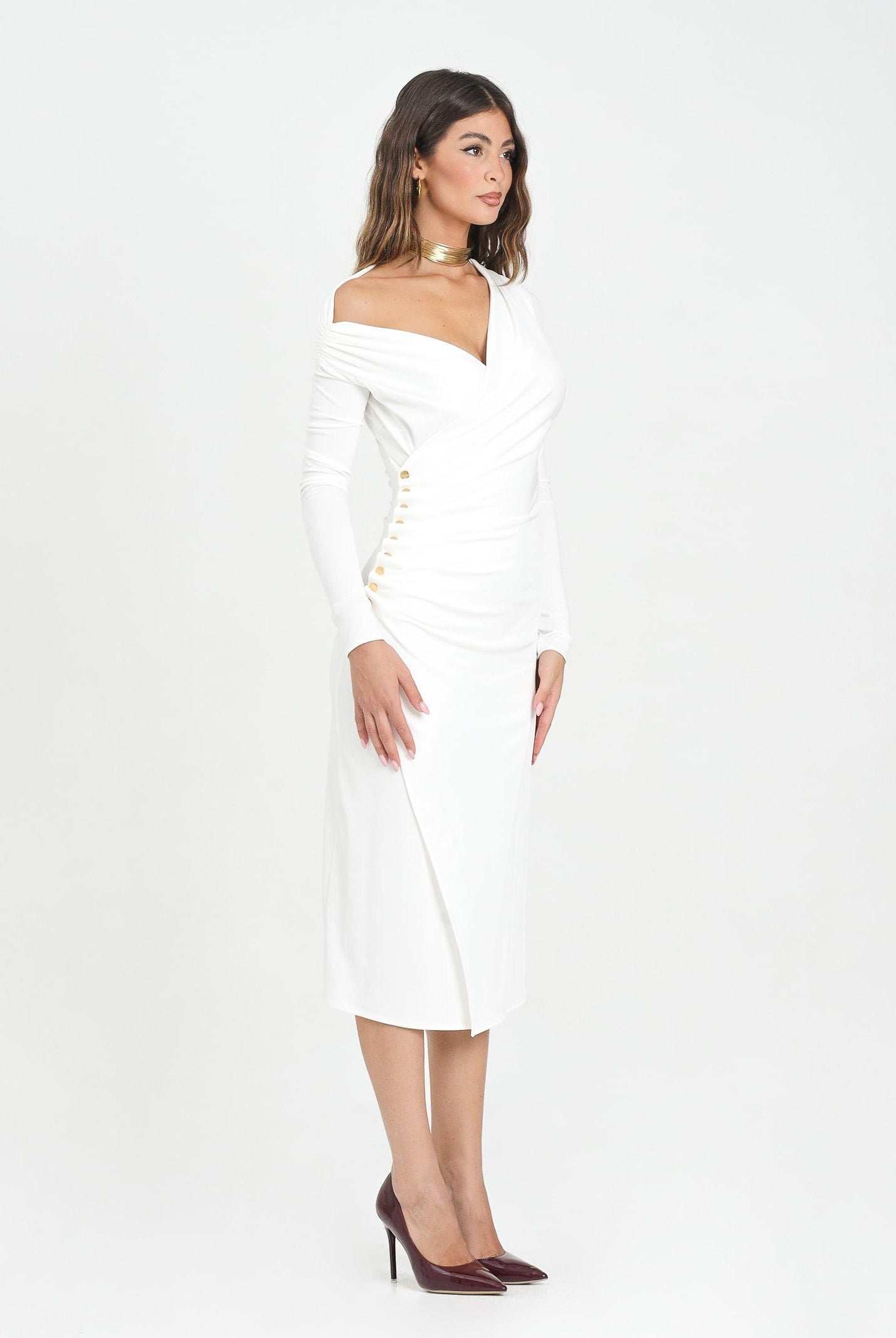 ELISABETTA FRANCHI Abito midi bianco da donna con bottoni gioiello<BR/> AB82257E2 360 ELISABETTA FRANCHI