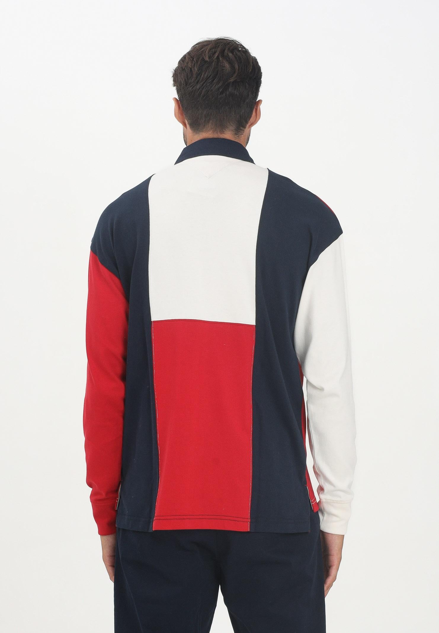 TOMMY HILFIGER Polo a manica lunga panna, rossa e blu da uomo con bandiera americana MW0MW39690DW5 TOMMY HILFIGER