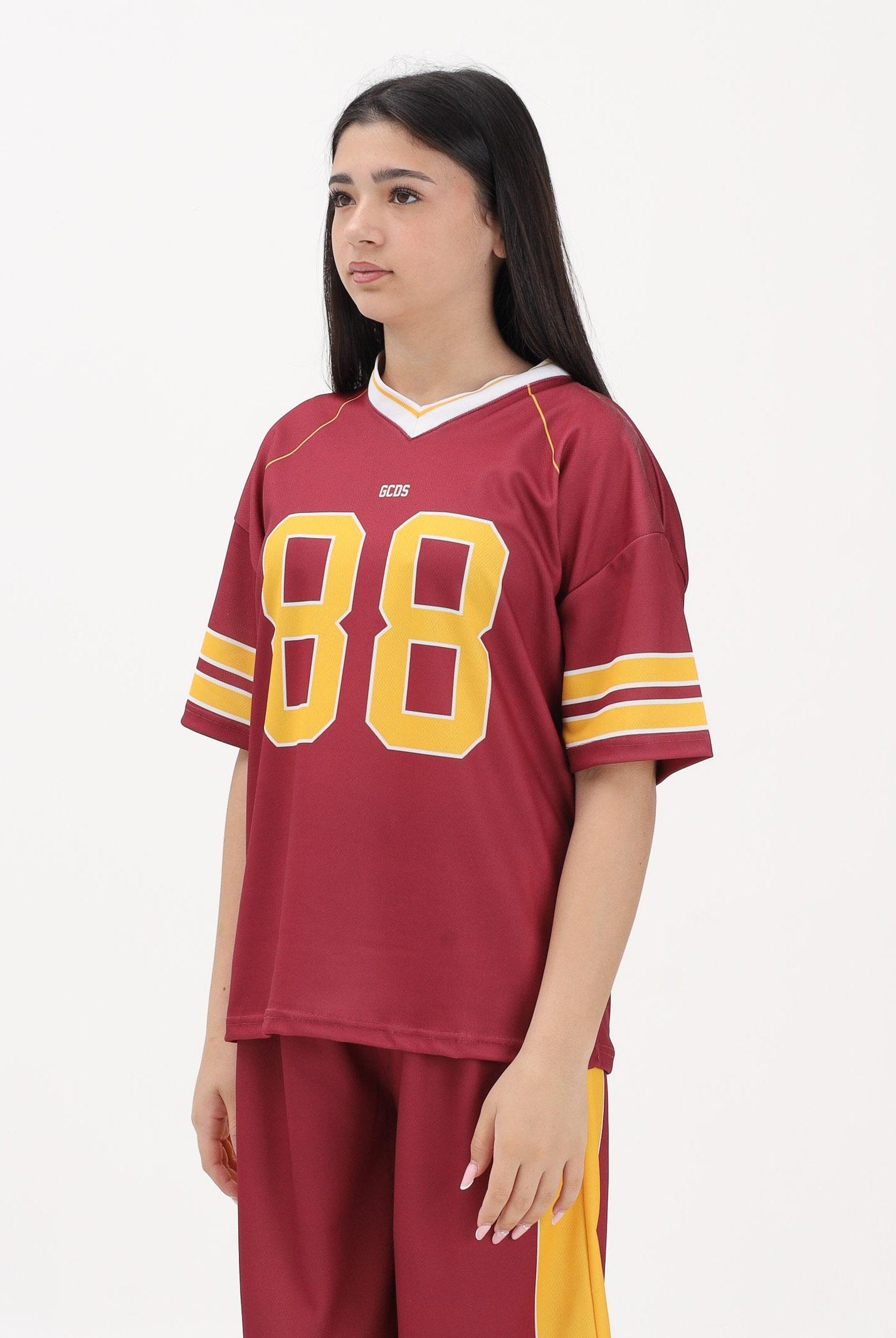 GCDS T-shirt a manica corta bordeaux per donna, ragazzi e bambini stile college C1BJQC709J338 468Y GCDS