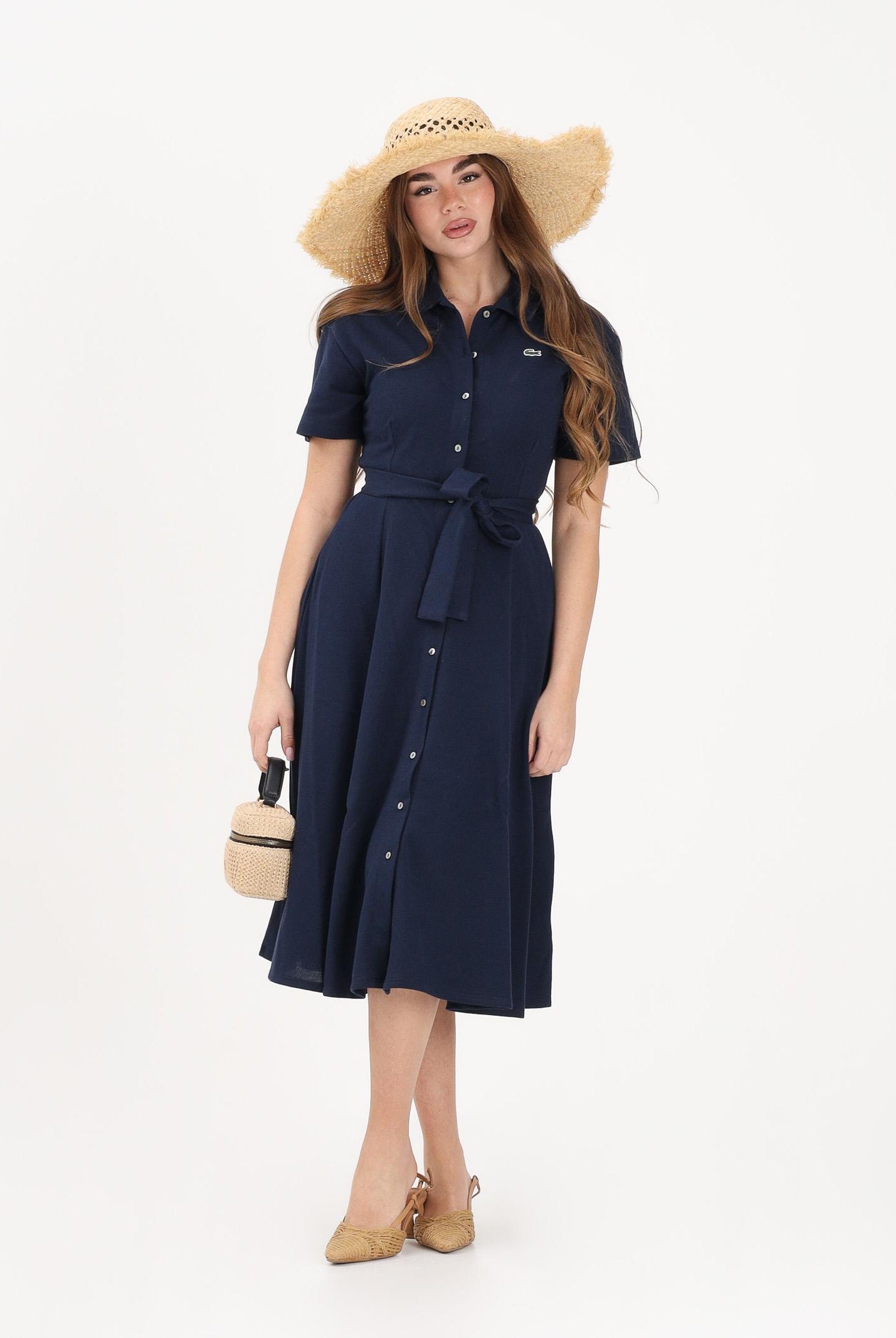 LACOSTE Abito midi blu da donna in mini piqué EF9621 166 LACOSTE