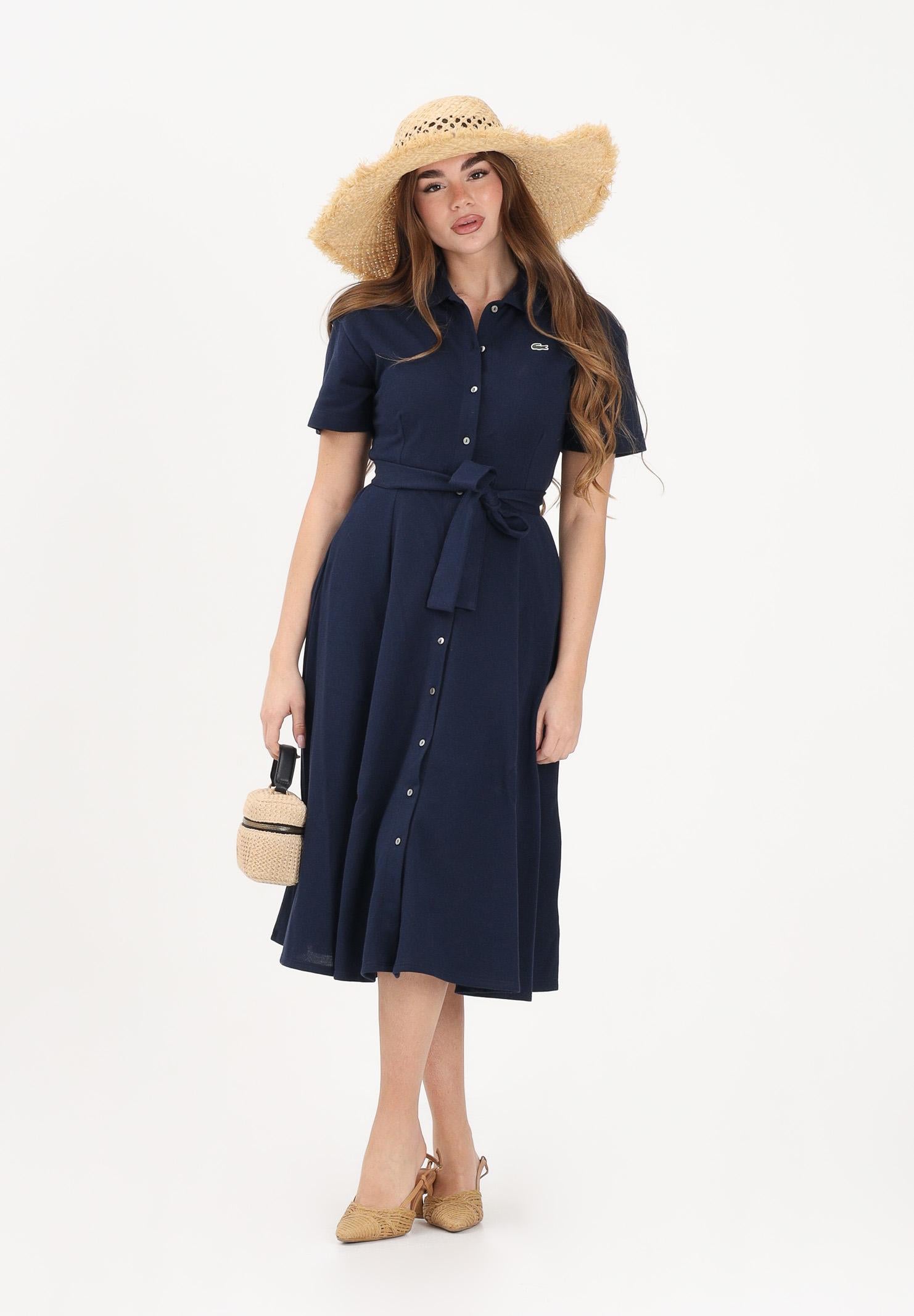LACOSTE Abito midi blu da donna in mini piqué EF9621 166 LACOSTE