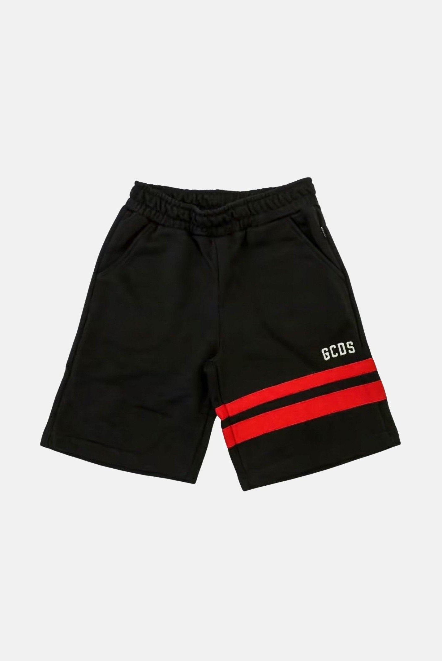 GCDS Shorts sportivo nero per bambino e bambina con logo e bande rosse Z0UKQL594F004 999R GCDS