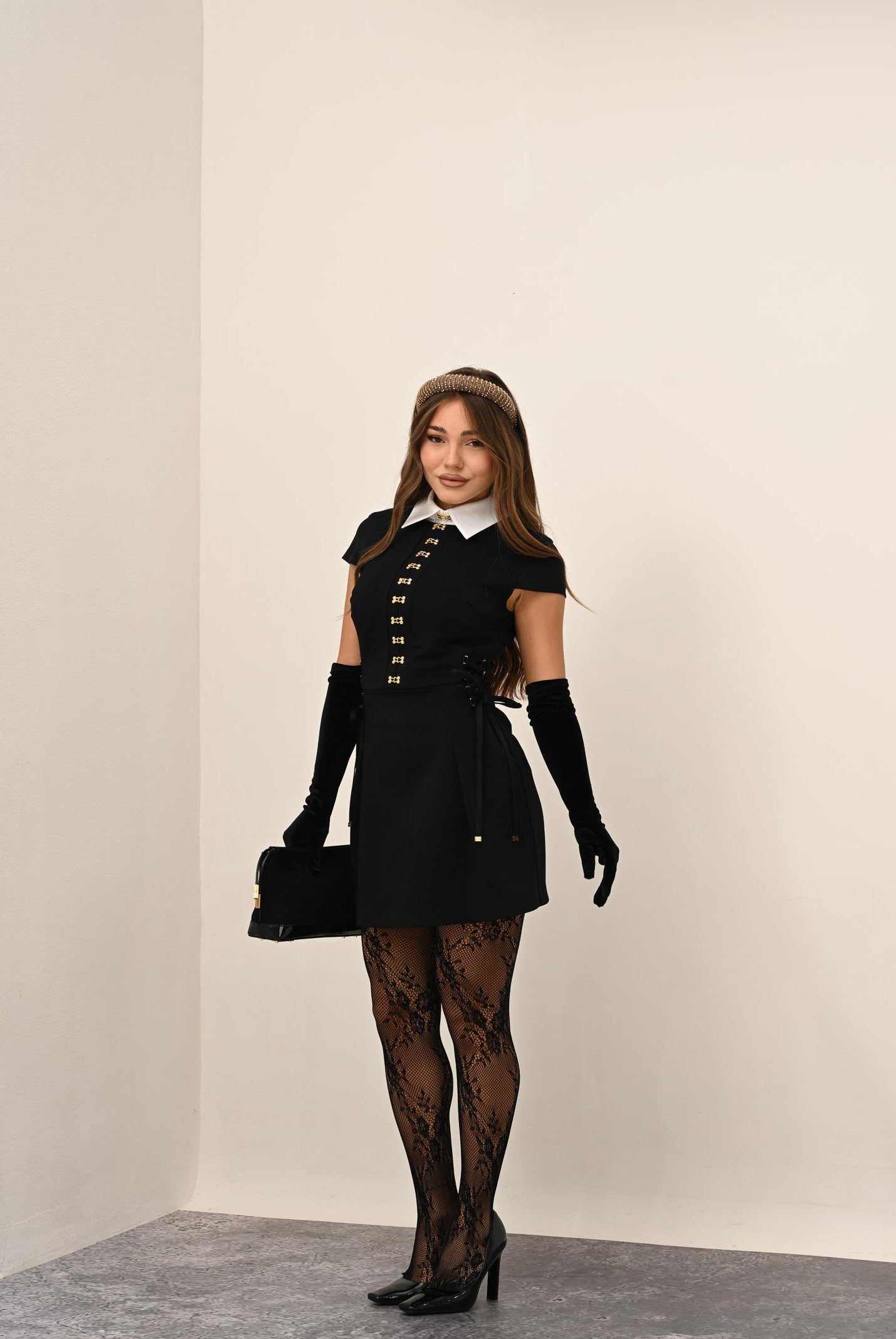 ELISABETTA FRANCHI Abito corto nero da donna in raso e popeline con ganci gioiello AB89957E2 222 ELISABETTA FRANCHI