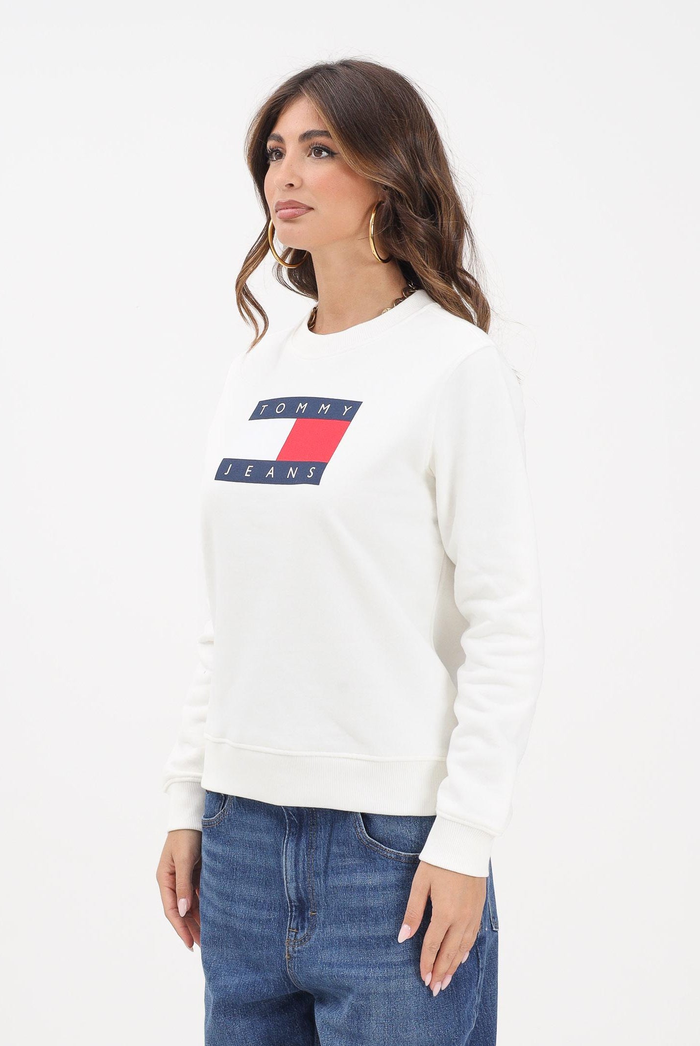 TOMMY JEANS Felpa girocollo bianca da donna con stampa logo DW0DW22564 YBL TOMMY JEANS