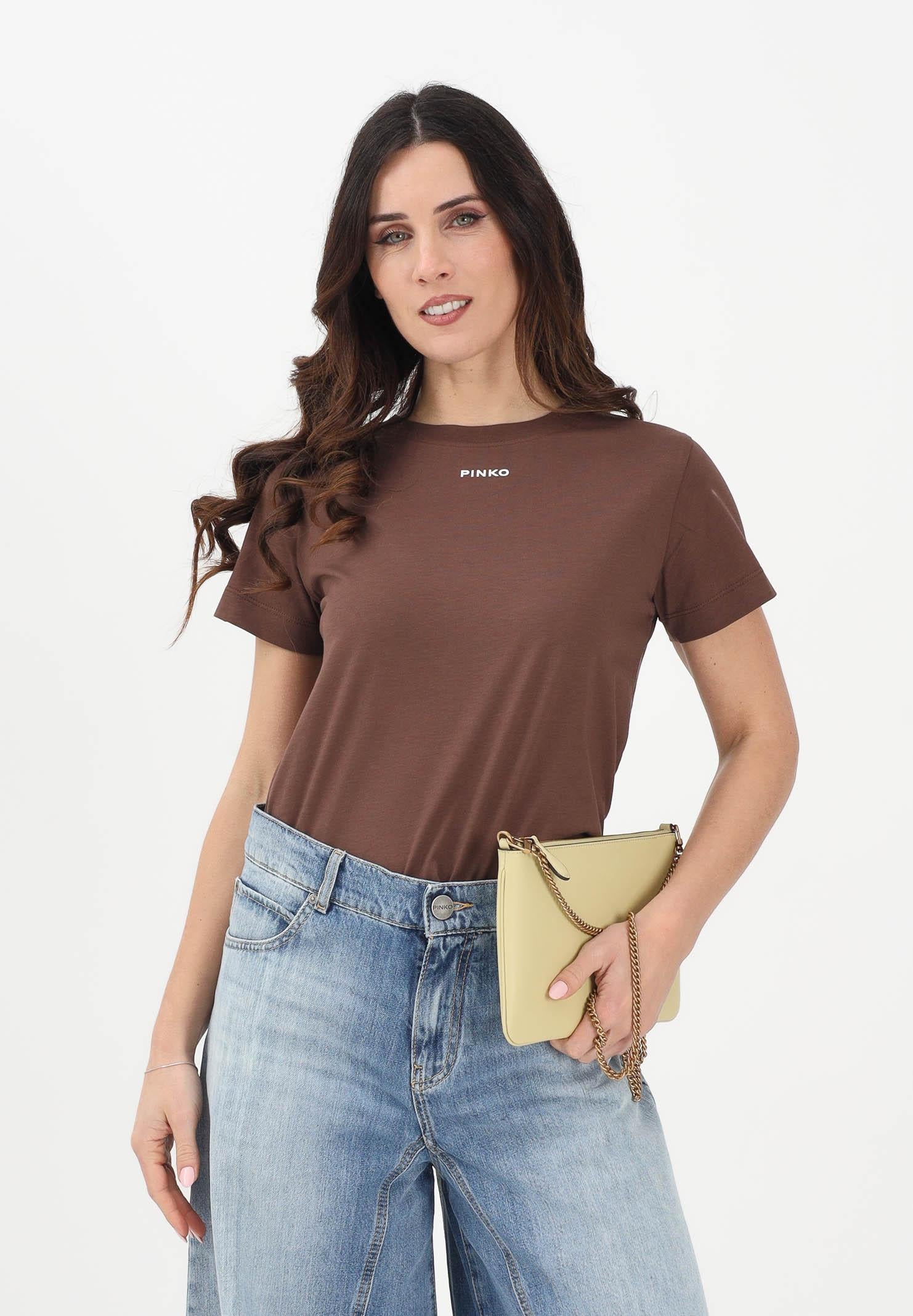 PINKO T-shirt a manica corta marrone da donna con logo 100373A34F L78 PINKO