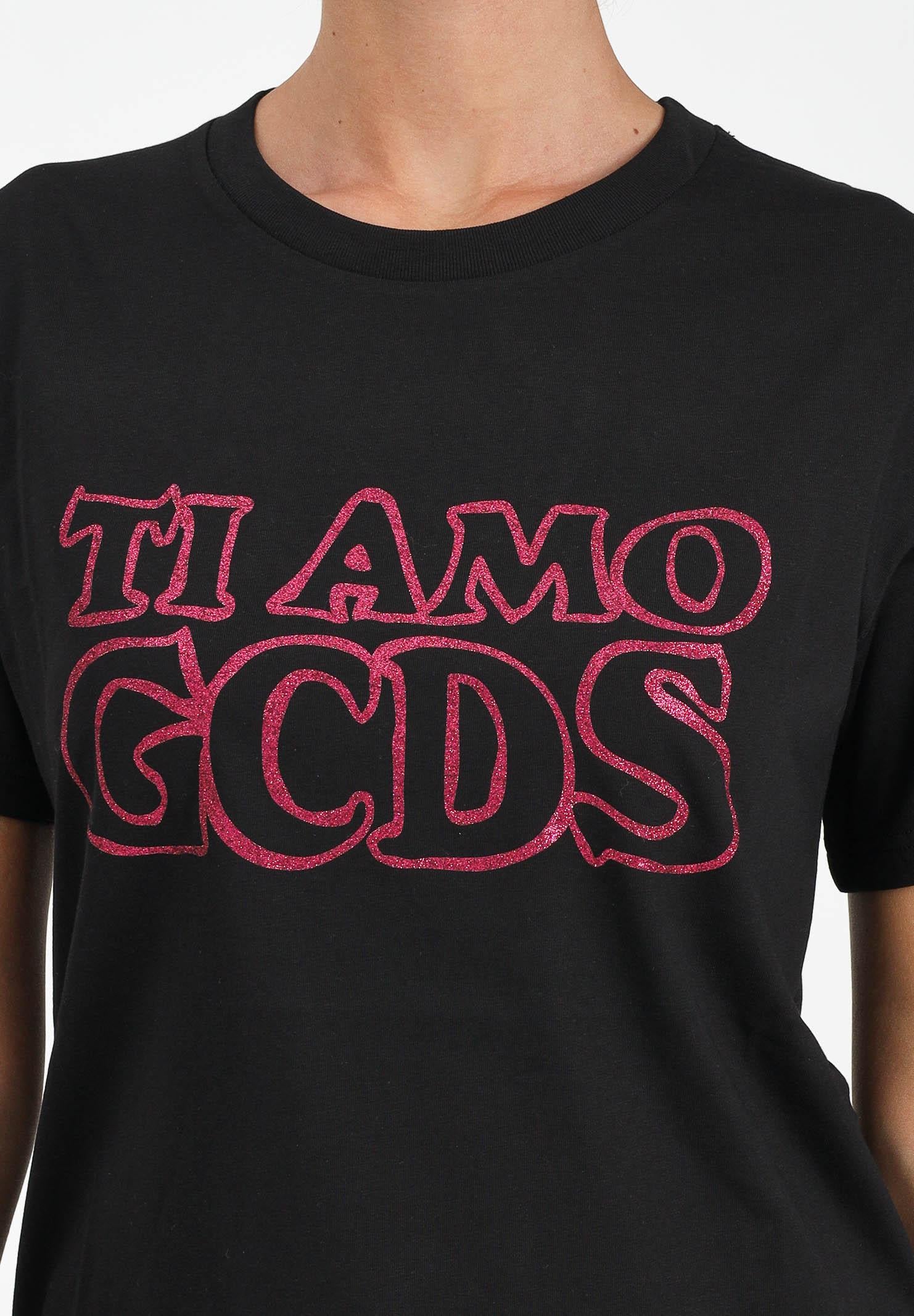 GCDS T-shirt a manica corta nera per donna e bambina con stampa glitterata TI AMO GCDS B2JW2335BA3 99 GCDS
