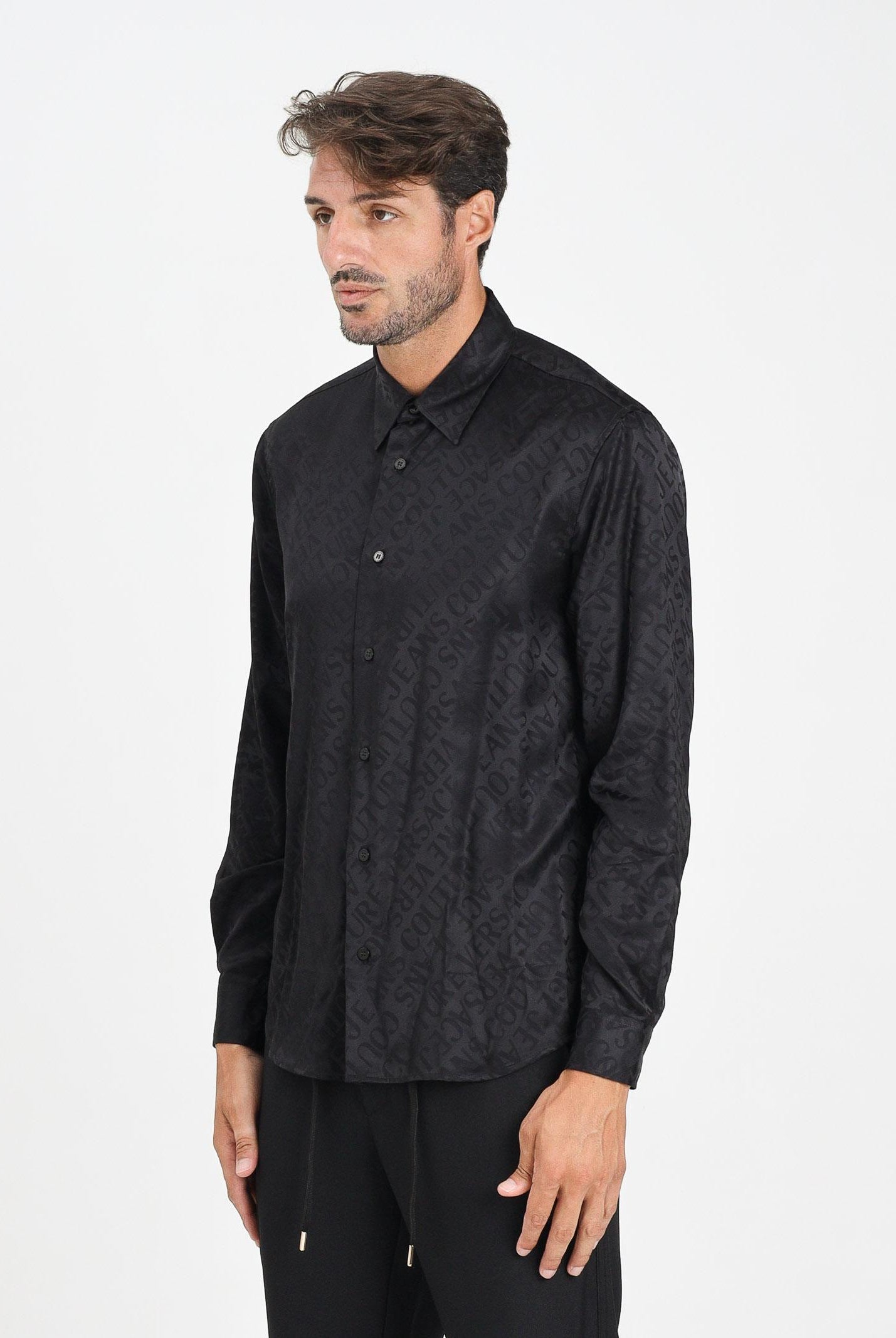 VERSACE JEANS COUTURE Camicia a manica lunga nera da uomo con motivo Liquify Logomania 79GAL2R0N0604 899 VERSACE JEANS COUTURE