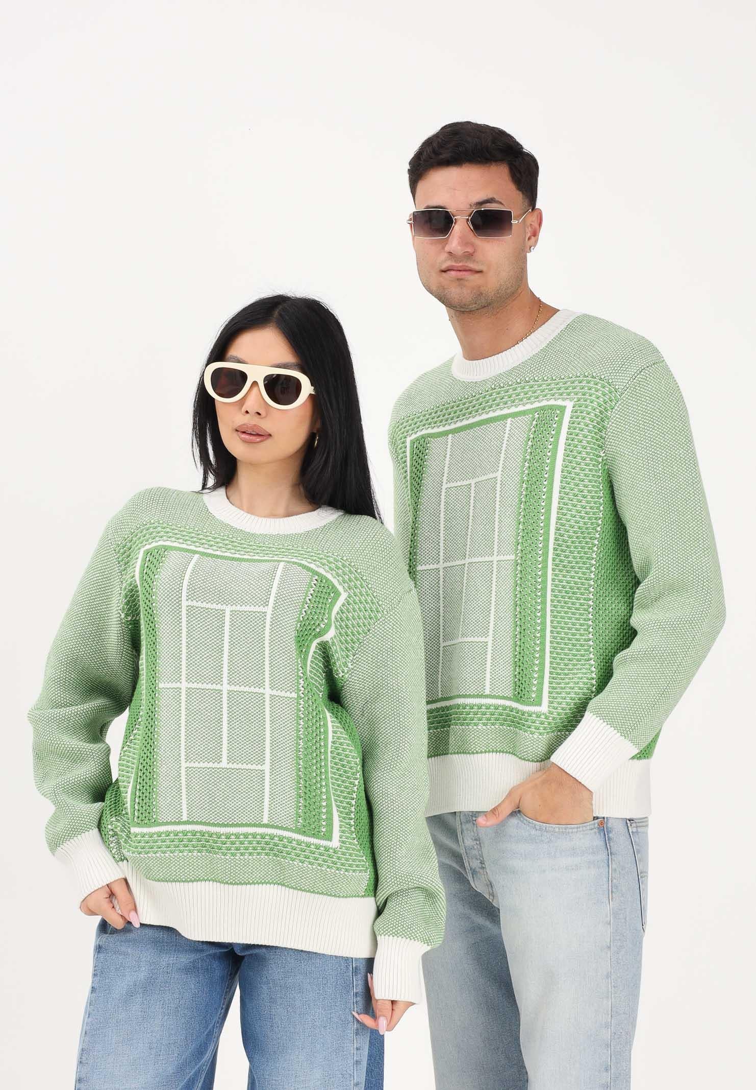 LACOSTE Maglione girocollo bianco e verde per uomo e donna con grafica campo da tennis AH0619 4SI LACOSTE