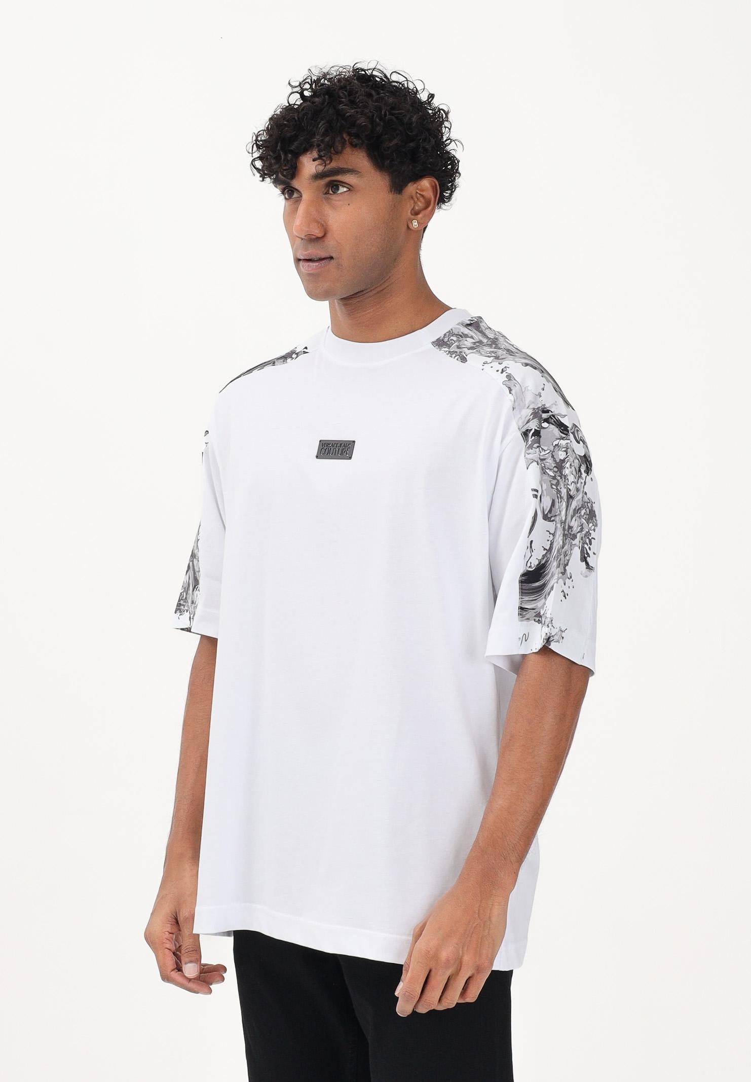 VERSACE JEANS COUTURE T-shirt a manica corta bianca da uomo con inserti con stampa Wave Couture 80GAH610JS543 U22 VERSACE JEANS COUTURE