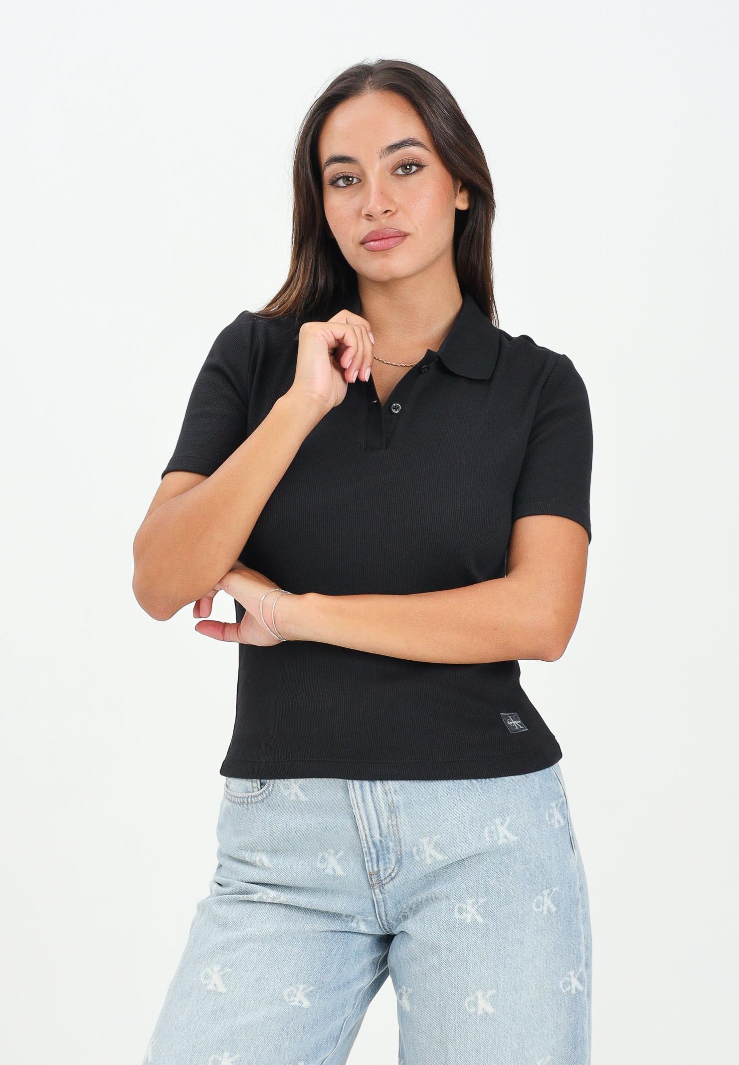 CALVIN KLEIN JEANS Polo a manica corta nera da donna con patch logo LV047C907GUB1 CALVIN KLEIN JEANS