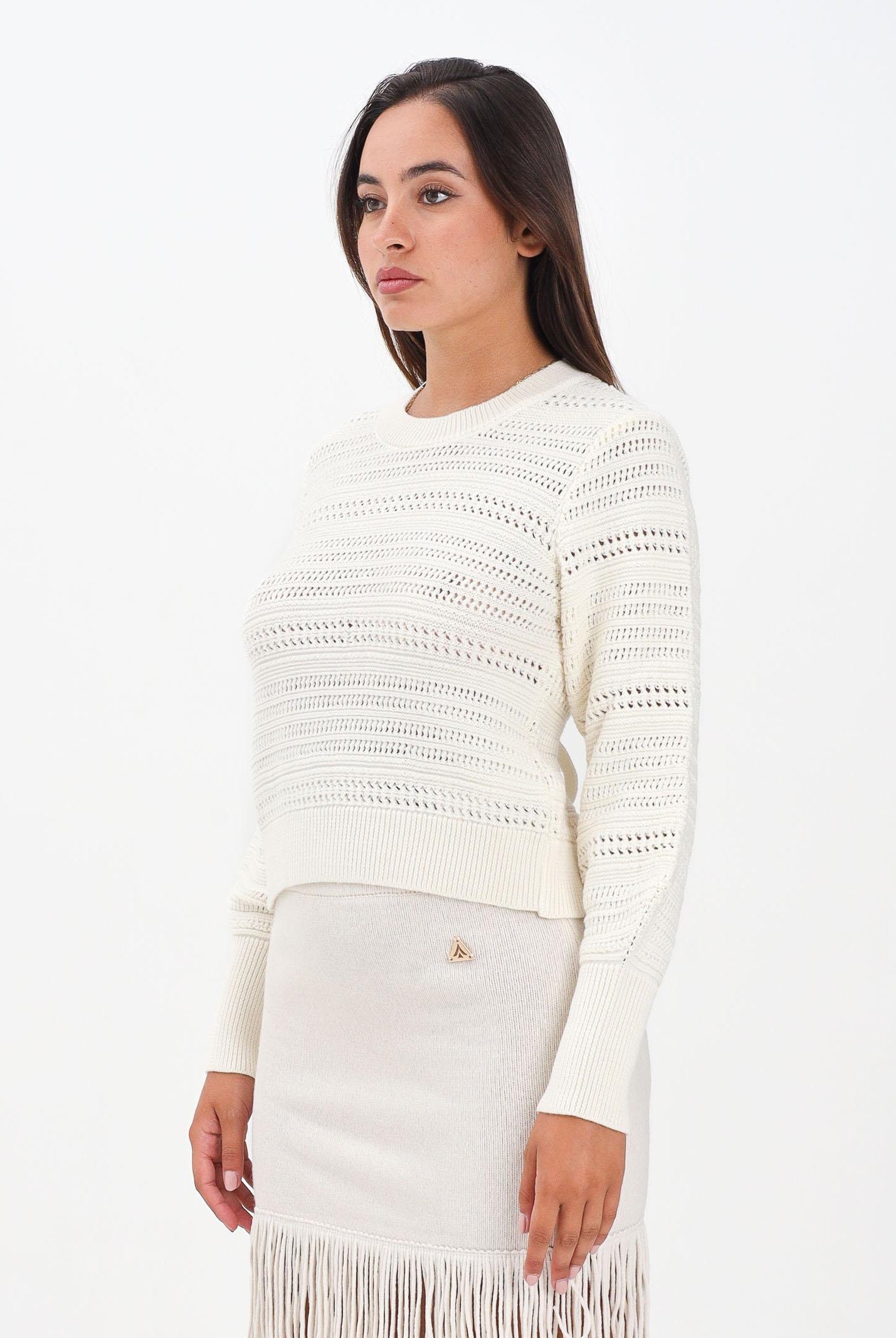 AKEP Maglia girocollo panna da donna con lavorazione a righe traforate MGKD11064 V3 AKEP