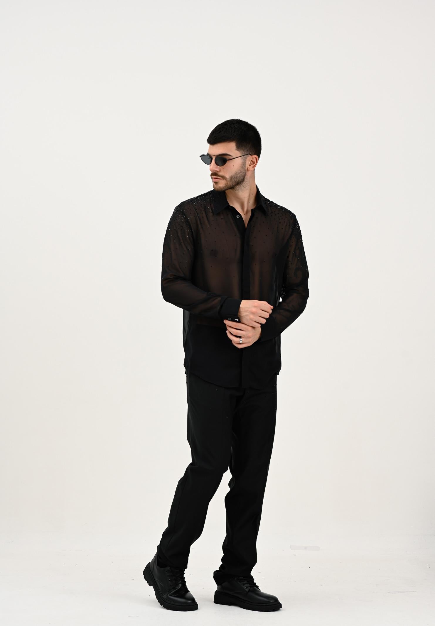 PATRIZIA PEPE Camicia nera da uomo arrichita da strass 5C0334A685 K103 PATRIZIA PEPE