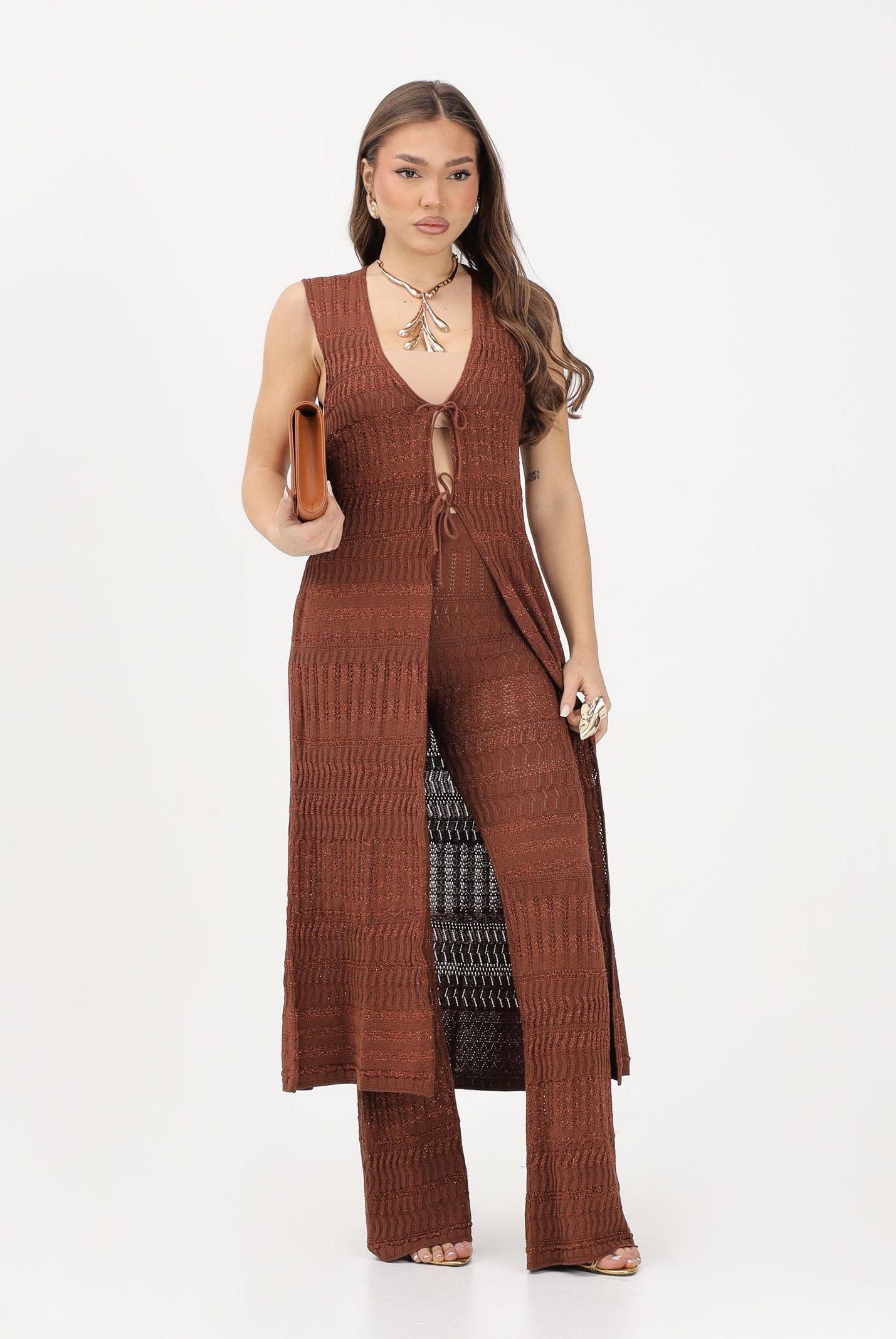 AKEP Gilet lungo marrone da donna GLKD13209 V2 AKEP