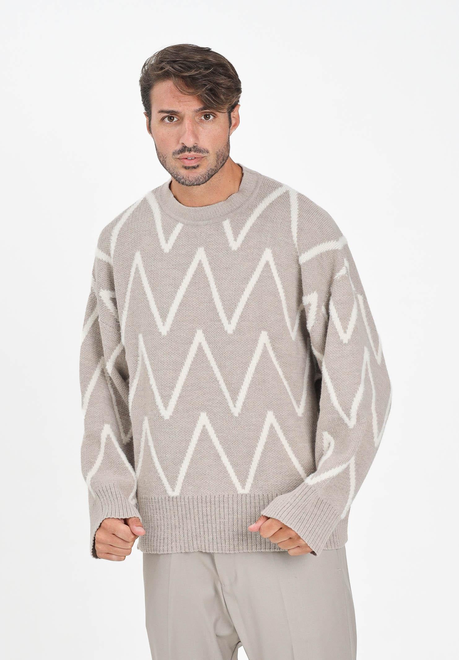 I'M BRIAN Maglione girocollo beige da uomo con motivo zig-zag MA3402 0025 I'M BRIAN