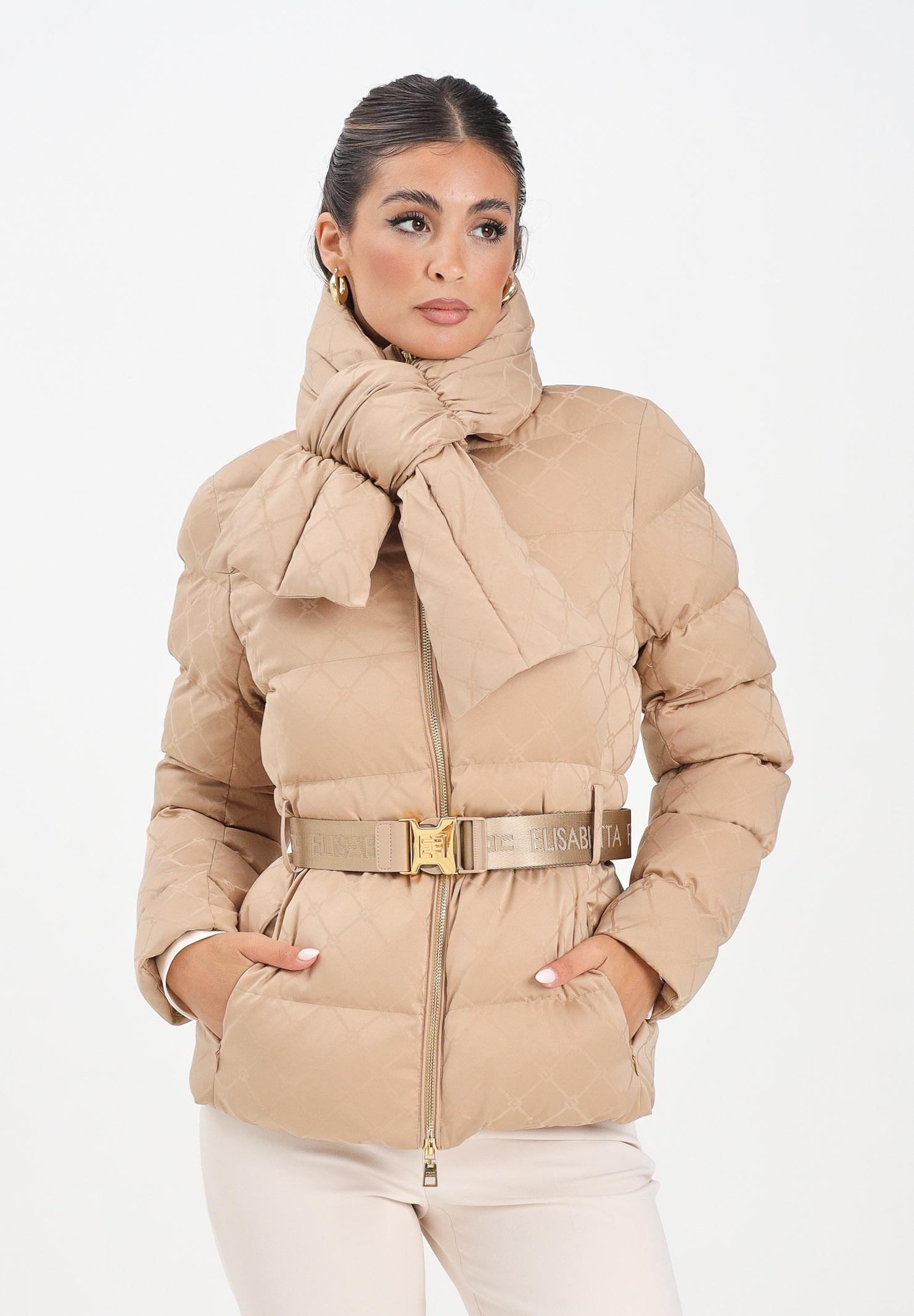 ELISABETTA FRANCHI Piumino beige da donna in tessuto vela jacquard con cintura PI83D56E2 EA2 ELISABETTA FRANCHI