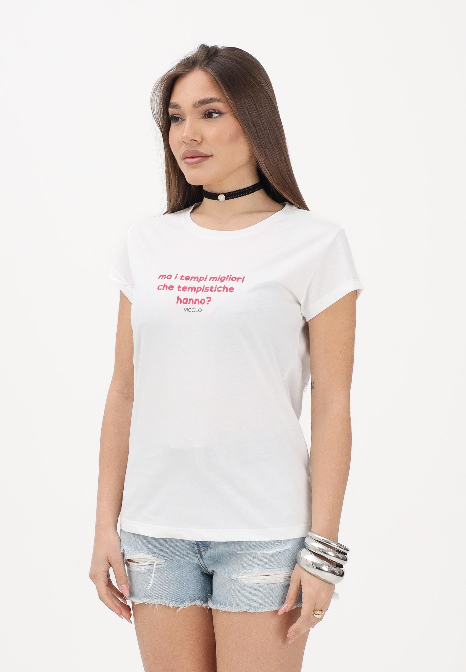VICOLO T-shirt a manica corta bianca da donna con stampa "Ma i tempi migliori che tempistiche hanno?" RAB0699 02 VICOLO