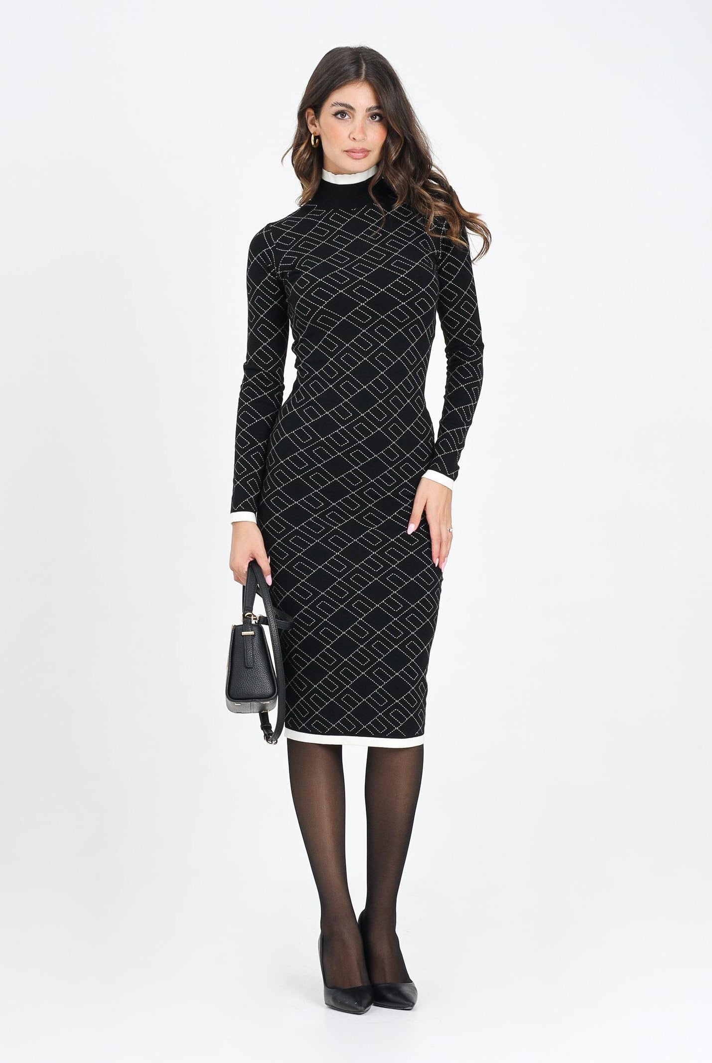 ELISABETTA FRANCHI Abito midi nero da donna in maglia jacquard bi-color<BR/> AM18T56E2 EF3 ELISABETTA FRANCHI