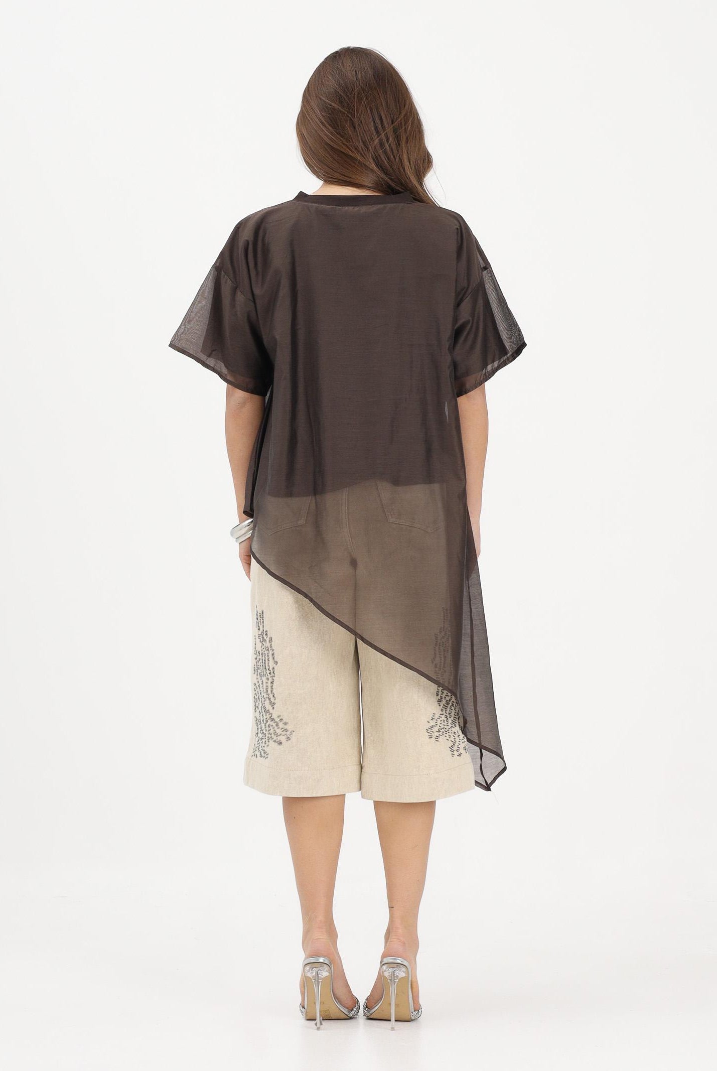 VICOLO T-shirt a manica corta marrone da donna in tessuto velato UAB018 MO VICOLO