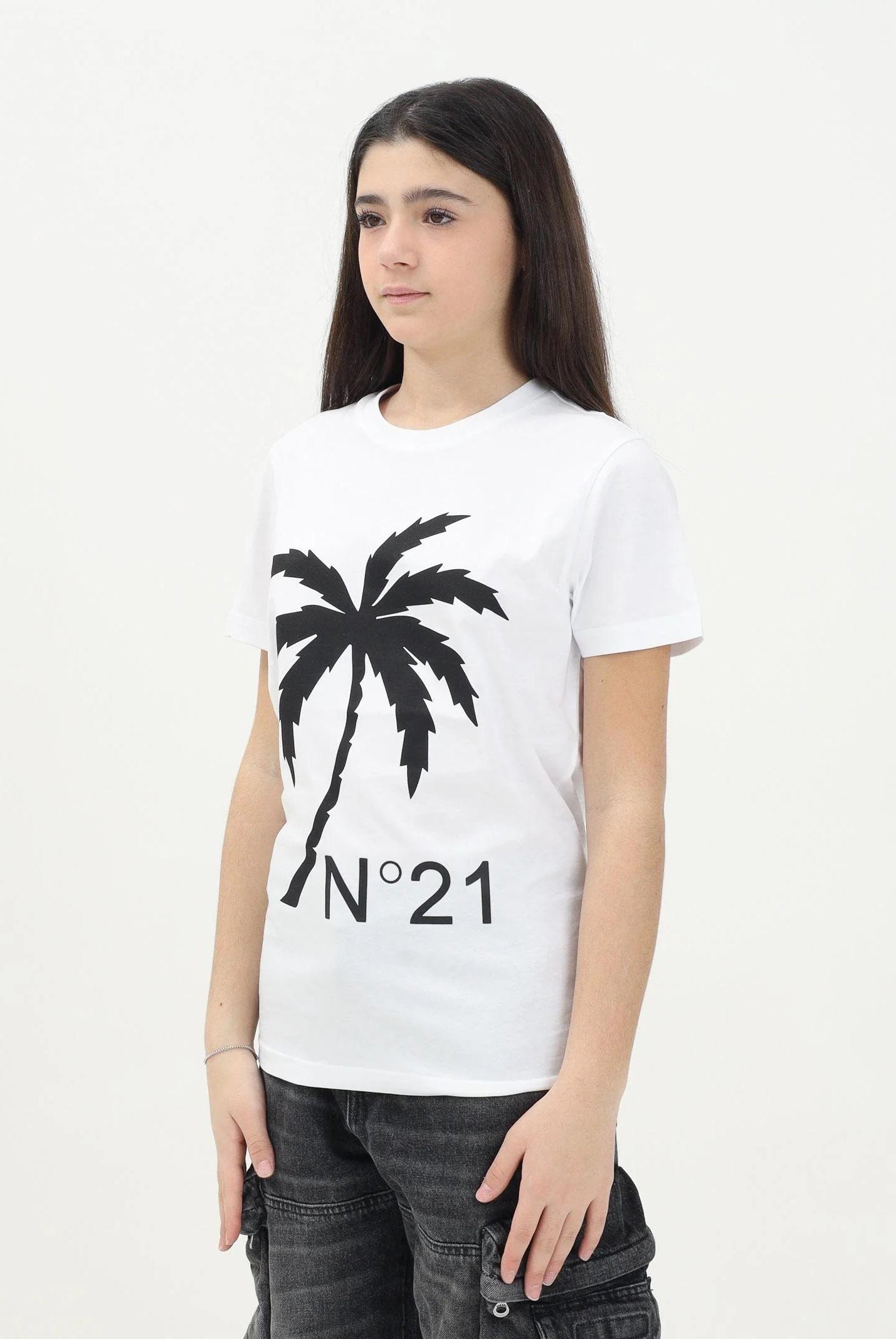 N21 T-shirt a manica corta bianca per donna, ragazzi e bambini con grafica palm tree e logo N2104GN0080 0N100 N21