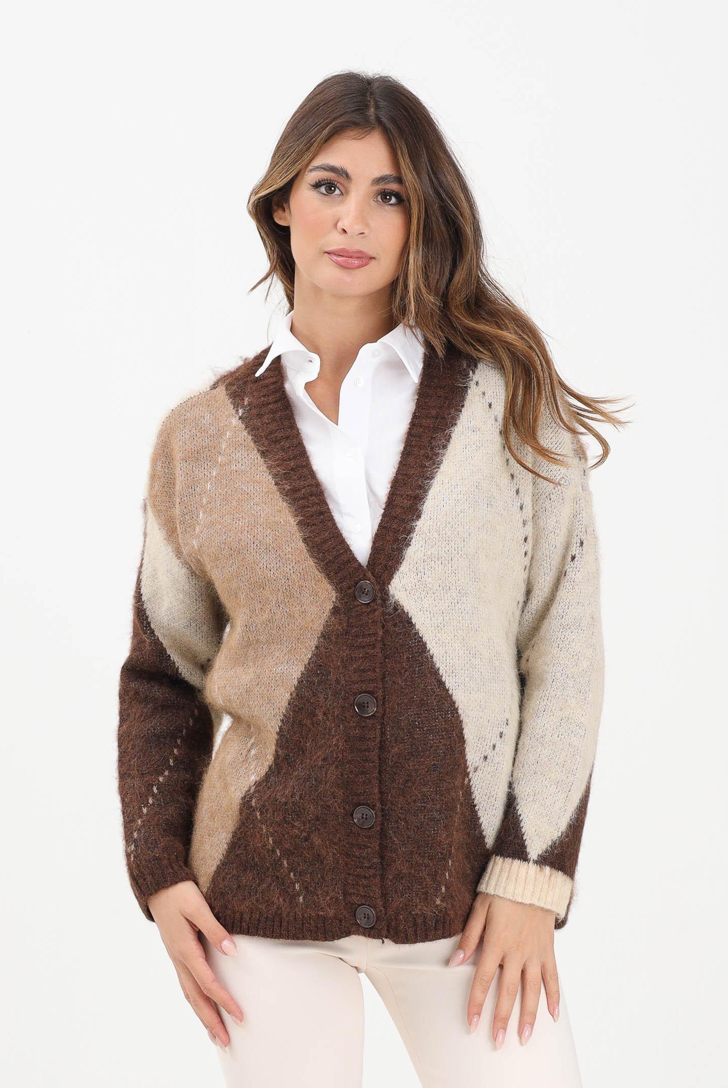 ONLY Cardigan marrone e beige da donna con motivo argyle 15353228 Chestnut ONLY