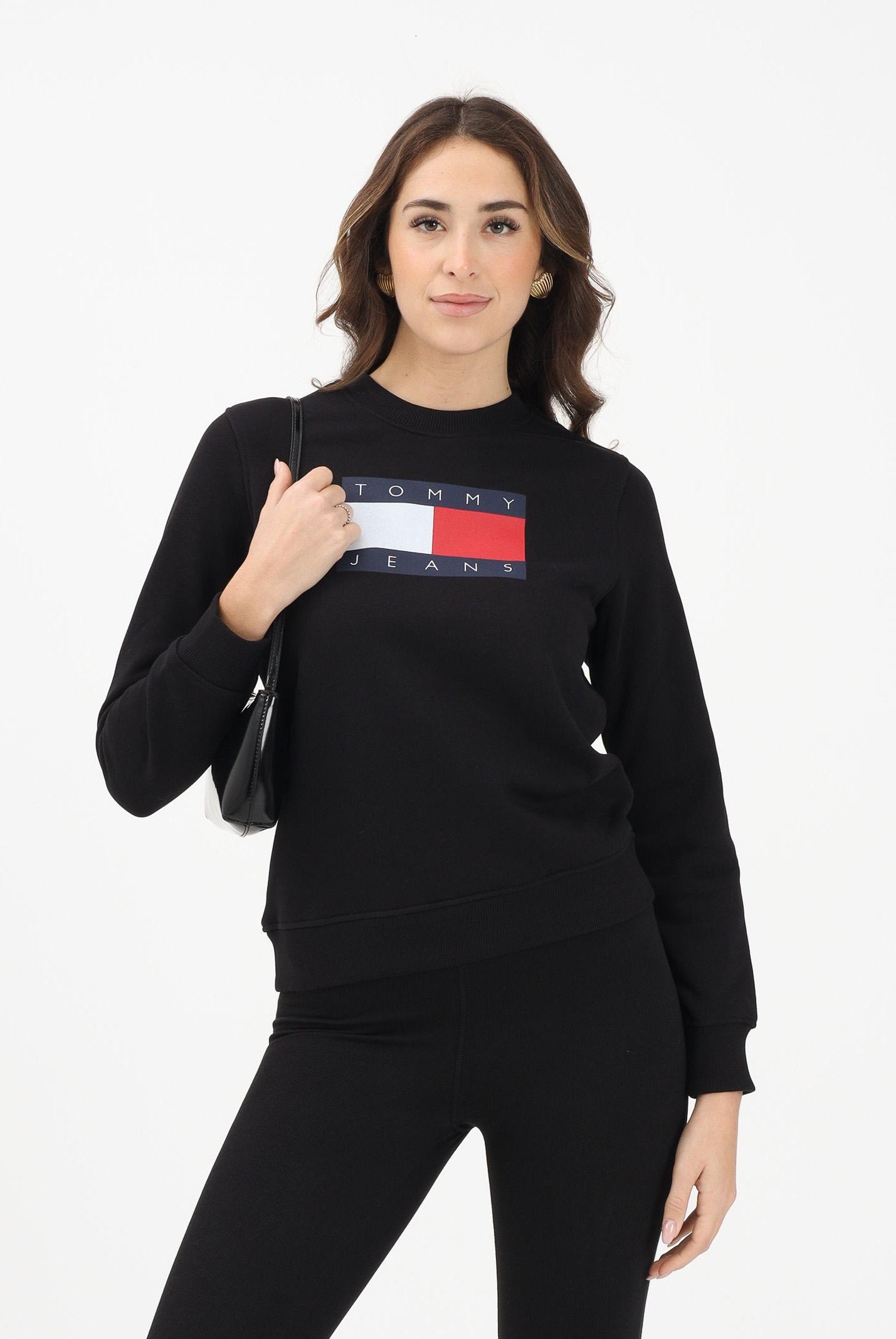 TOMMY JEANS Felpa girocollo nera da donna con stampa logo DW0DW22564 BDS TOMMY JEANS