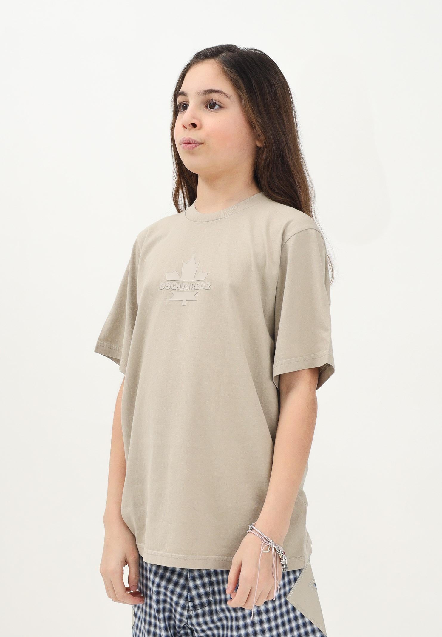 DSQUARED2 T-shirt a manica corta beige per donna, ragazzi e bambini con stampa logo su foglia d'acero DQ2743D0AC7 DQ717 DSQUARED2