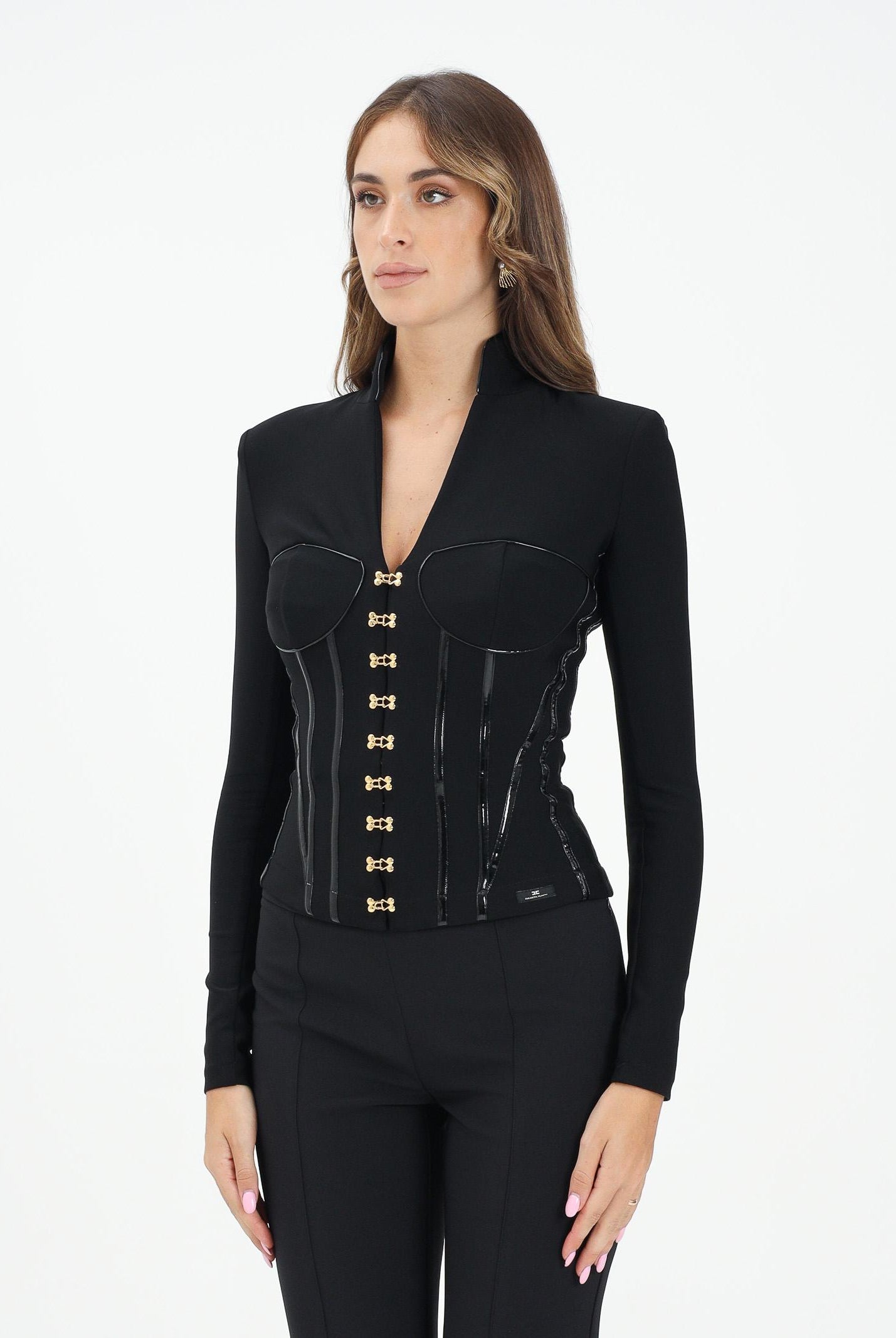 ELISABETTA FRANCHI Giacca nera da donna con dettagli corsetto<BR/> GI18257E2 110 ELISABETTA FRANCHI